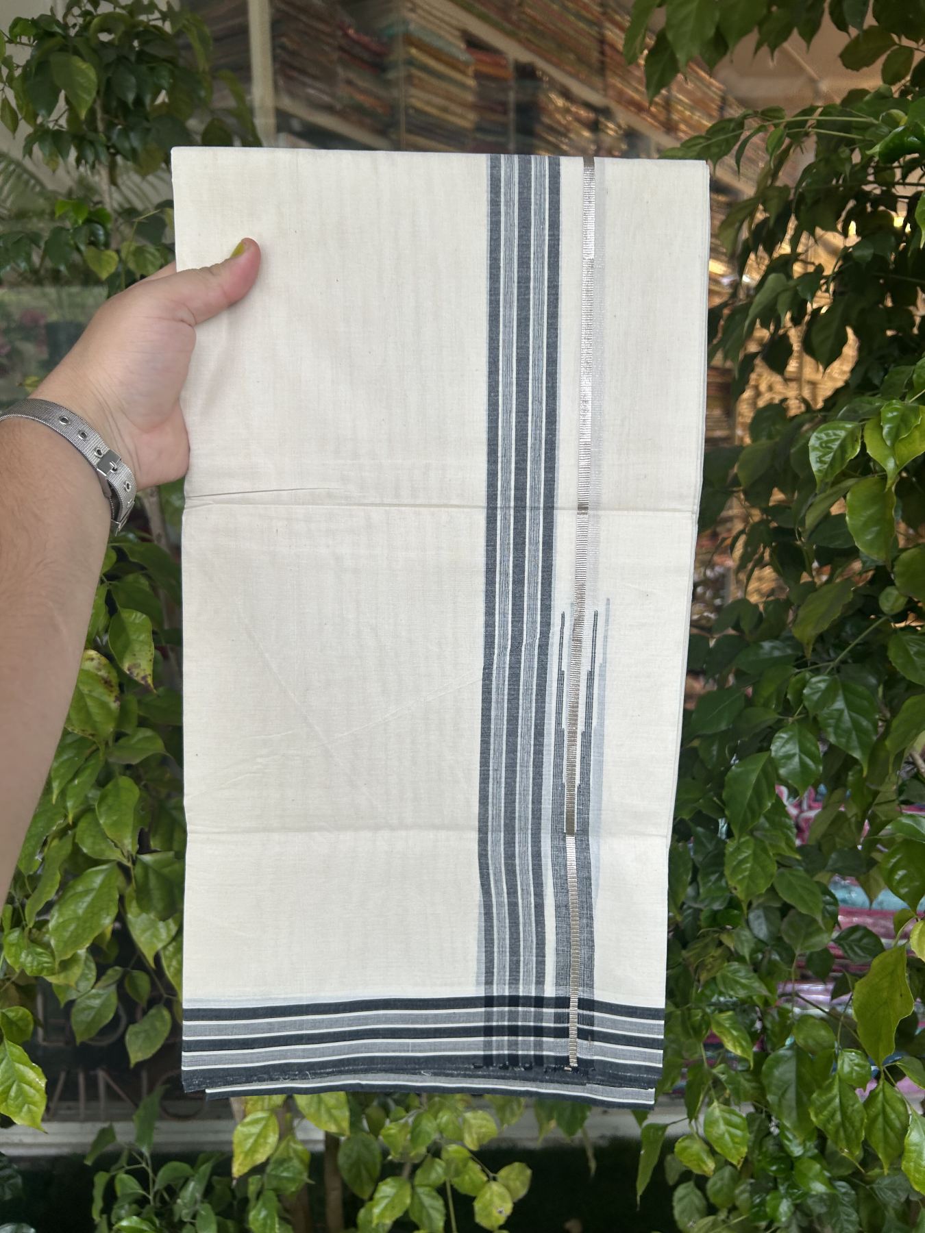 20% Discount ! Kaitharikada Balaramapuram 100% Pure Cotton Double Off white (Unbleached) Mundu/Dhoti - 100x80 - 1.25 inch Silver Kasav & Black Shaded Stripes Chutty Kara 3.90 mtr (8 muzham) - 47 KK5313 PMC