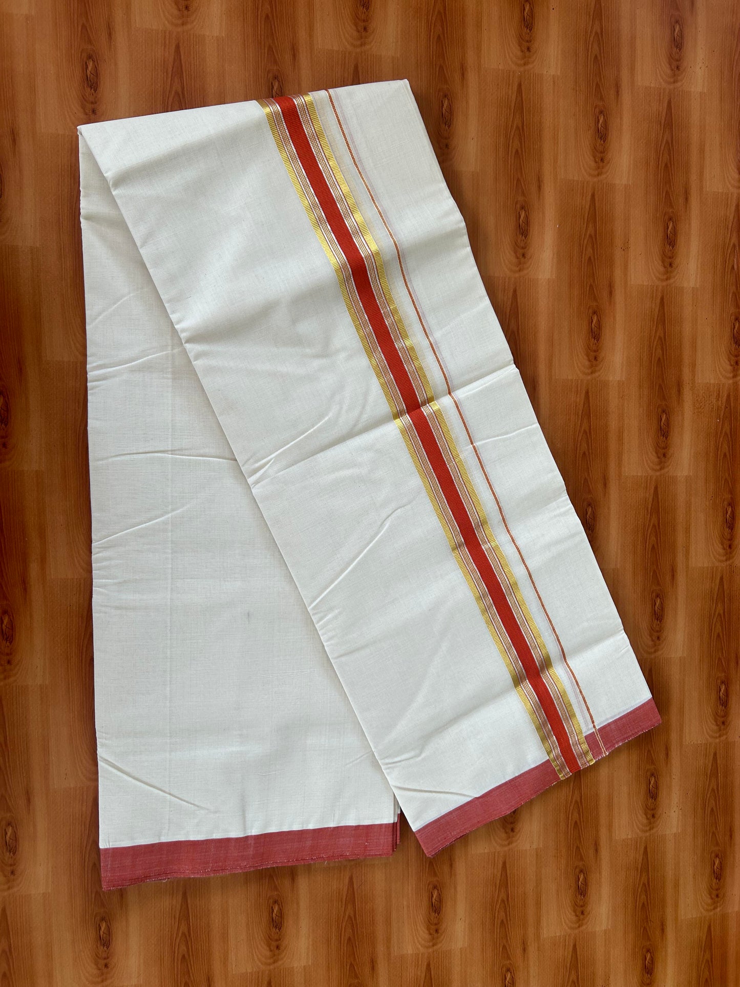 25% Discount! KaithariKada Handloom Millpaav - Kerala Handloom - Cotton Double Mundu/Dhoti Off white (Unbleached) - 80x90 - 1.75 inch Gold & Silver Kasav Burned Orange Stripes Kara 4.00 meter (8.5 Muzham) - 1 KK5386 RAM