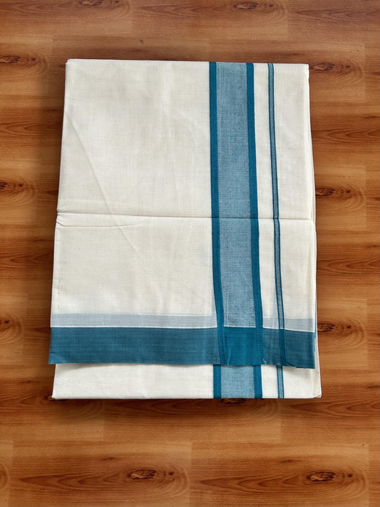 Double Off White Mundu/Dhoti- 20% Discount! KaithariKada 100% Cotton - 100X80 - 1.75 inch Peacock Green Shaded Kara 4 mtr (8.5 muzham) - 6 KK5463 PMC