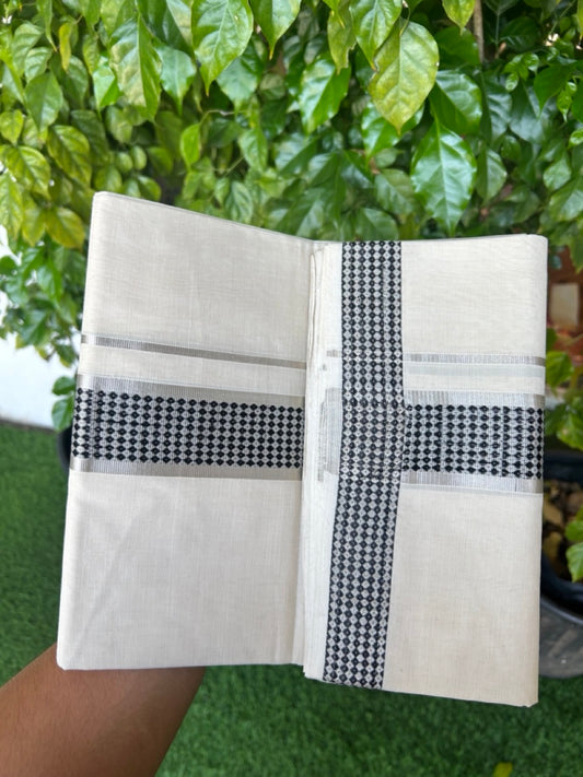 25% DISCOUNT ! KaithariKada HANDLOOM Unakkupaav Balaramapuram - 100% PURE Cotton Off White - (Unbleached) Double Mundu/Dhoti - 2 inch Silver Kasavu & Black Jacquard Design Kara - 6KK5206 ABH