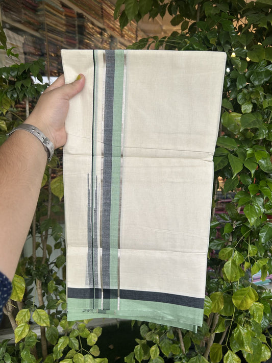 20% Discount ! Kaitharikada Balaramapuram 100% Pure Cotton Double Off white (Unbleached) Mundu/Dhoti - 100x80 - 1.25 inch Silver Kasav Black & Pista Green Shaded Stripes Chutty Kara 3.90 mtr (8 muzham) - 48 KK5313 PMC