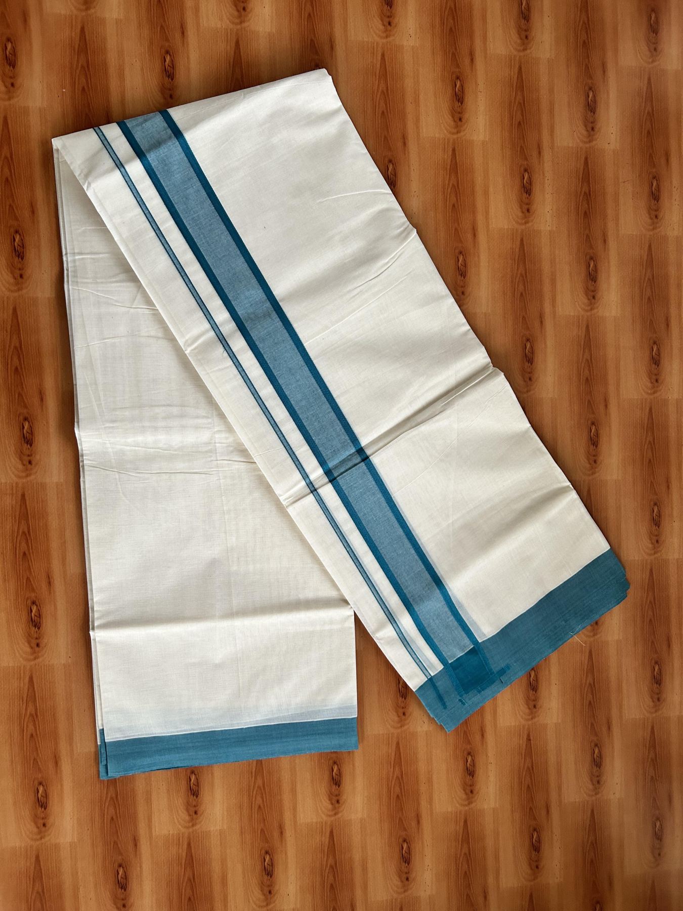Double Off White Mundu/Dhoti- 20% Discount! KaithariKada 100% Cotton - 100X80 - 1.75 inch Peacock Green Shaded Kara 4 mtr (8.5 muzham) - 6 KK5463 PMC