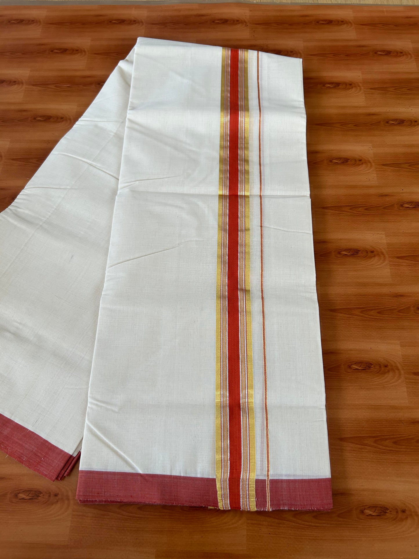 25% Discount! KaithariKada Handloom Millpaav - Kerala Handloom - Cotton Double Mundu/Dhoti Off white (Unbleached) - 80x90 - 1.75 inch Gold & Silver Kasav Burned Orange Stripes Kara 4.00 meter (8.5 Muzham) - 1 KK5386 RAM