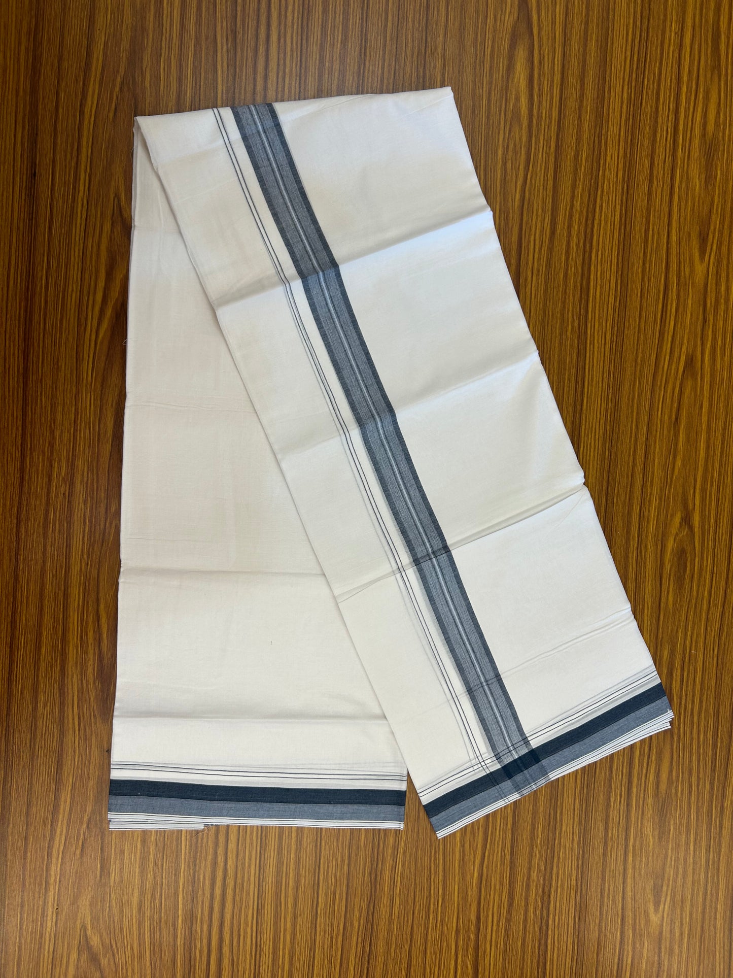 20% Discount! KaithariKada Balaramapuram 100% Cotton Double Pure white Mundu/Dhoti - 100X80 - 1.5 inch Dark Blue & Ash Blue shaded kara - 4 mtr ( 8.5 muzham) - 46 KK5371 VIN