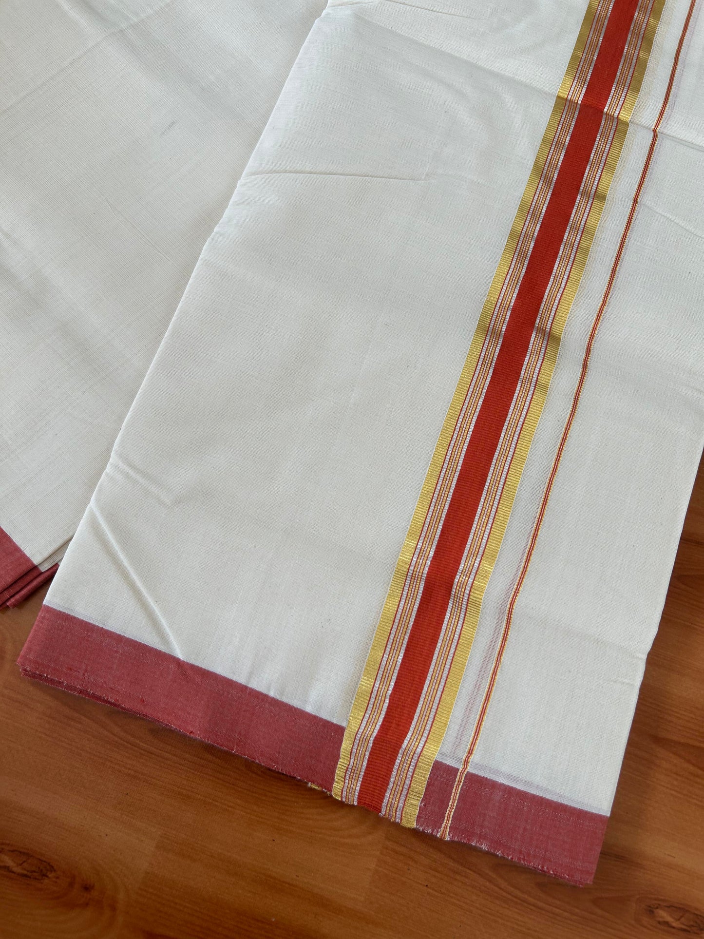 25% Discount! KaithariKada Handloom Millpaav - Kerala Handloom - Cotton Double Mundu/Dhoti Off white (Unbleached) - 80x90 - 1.75 inch Gold & Silver Kasav Burned Orange Stripes Kara 4.00 meter (8.5 Muzham) - 1 KK5386 RAM