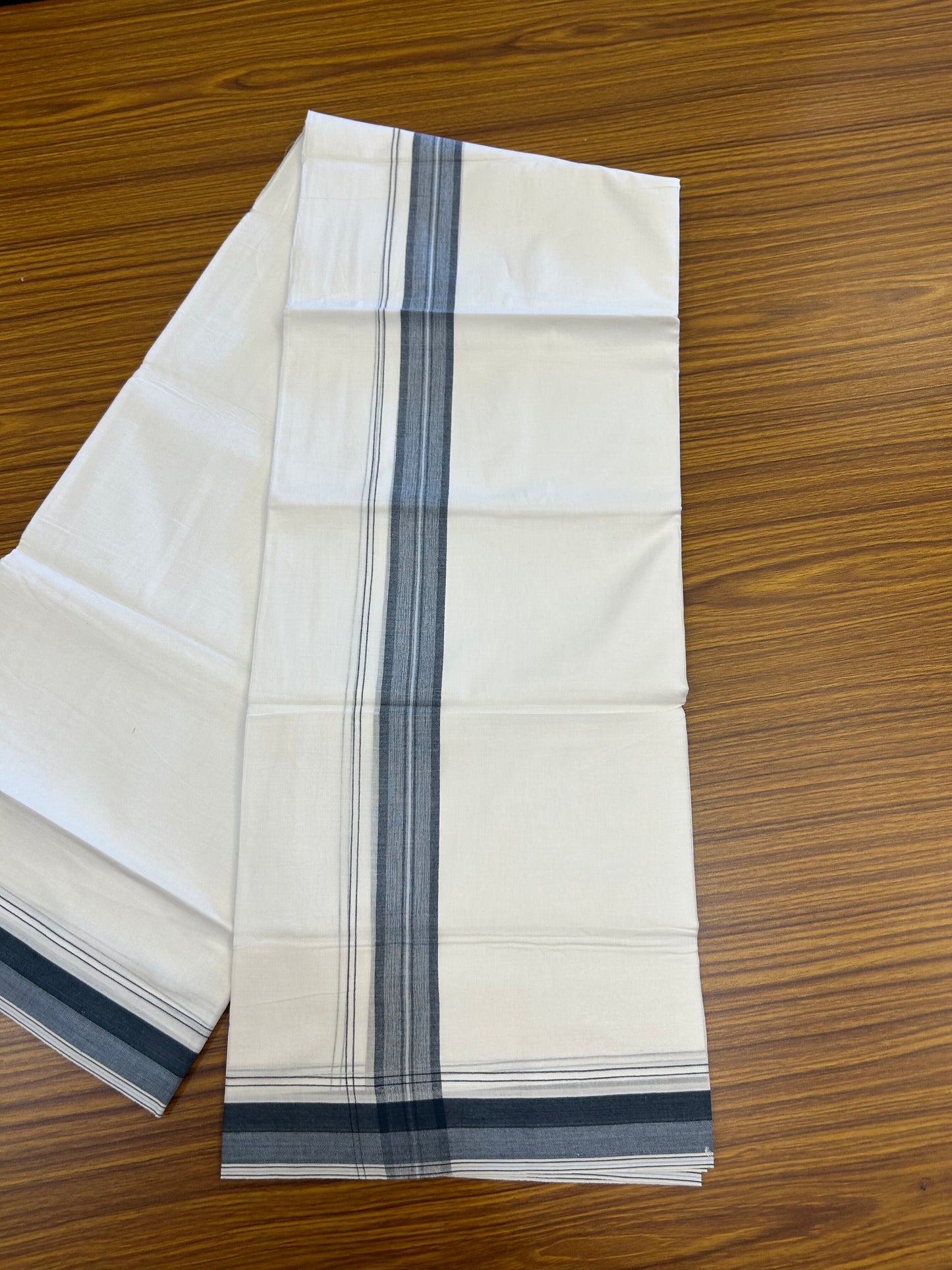 20% Discount! KaithariKada Balaramapuram 100% Cotton Double Pure white Mundu/Dhoti - 100X80 - 1.5 inch Dark Blue & Ash Blue shaded kara - 4 mtr ( 8.5 muzham) - 46 KK5371 VIN
