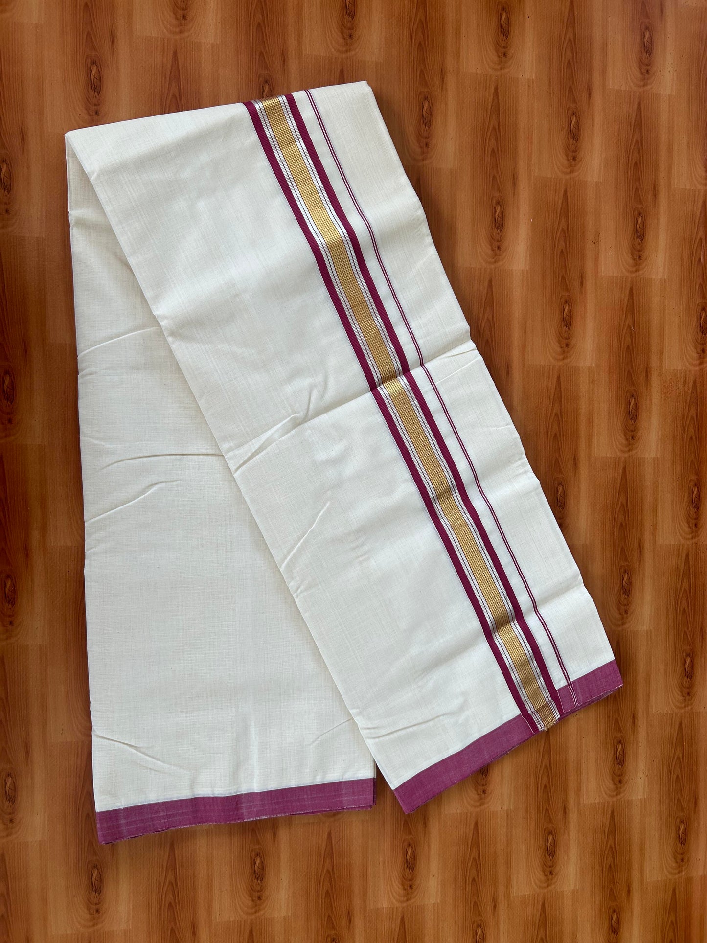25% Discount! KaithariKada Handloom Millpaav - Kerala Handloom - Cotton Double Mundu/Dhoti Off white (Unbleached) - 80x90 - 1.75 inch Gold & Silver Kasav Dusty Maroon Stripes Kara 4.00 meter (8.5 Muzham) - 8 KK5386 RAM