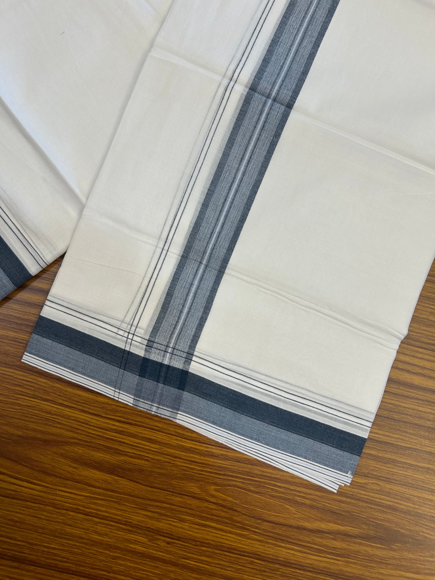 20% Discount! KaithariKada Balaramapuram 100% Cotton Double Pure white Mundu/Dhoti - 100X80 - 1.5 inch Dark Blue & Ash Blue shaded kara - 4 mtr ( 8.5 muzham) - 46 KK5371 VIN