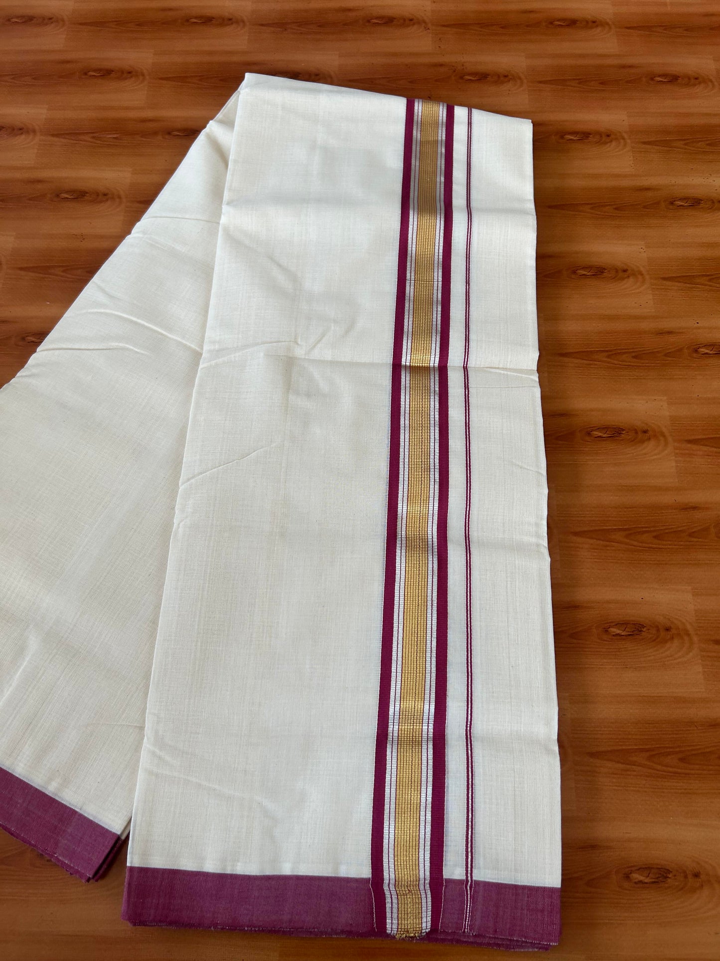 25% Discount! KaithariKada Handloom Millpaav - Kerala Handloom - Cotton Double Mundu/Dhoti Off white (Unbleached) - 80x90 - 1.75 inch Gold & Silver Kasav Dusty Maroon Stripes Kara 4.00 meter (8.5 Muzham) - 8 KK5386 RAM