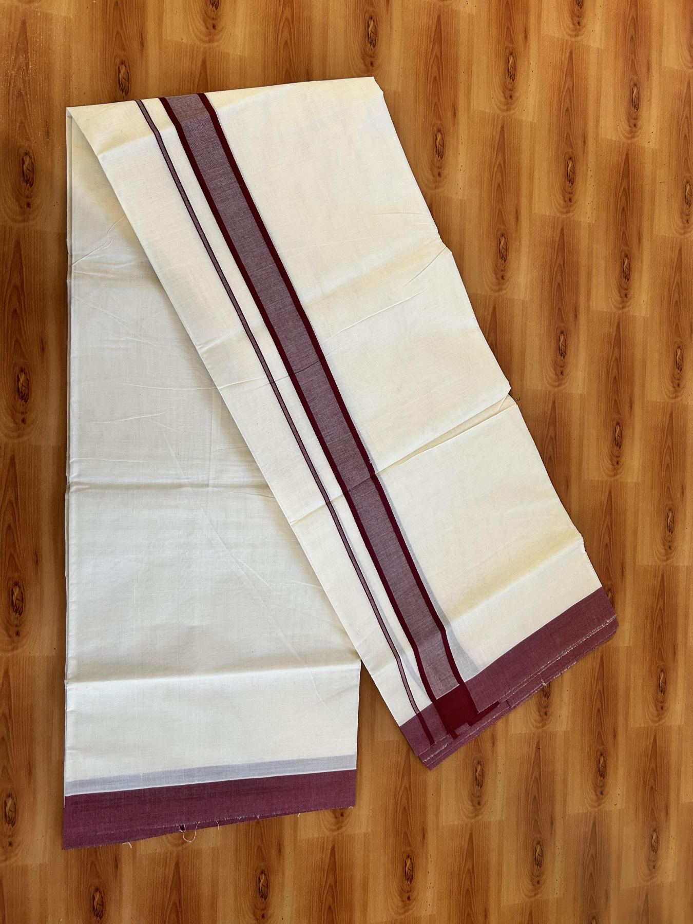 Double Off White Mundu/Dhoti- 20% Discount! KaithariKada 100% Cotton - 100X80 - 1.5 inch Maroon Shaded Kara 4 mtr (8.5 muzham) - 7 KK5463 PMC