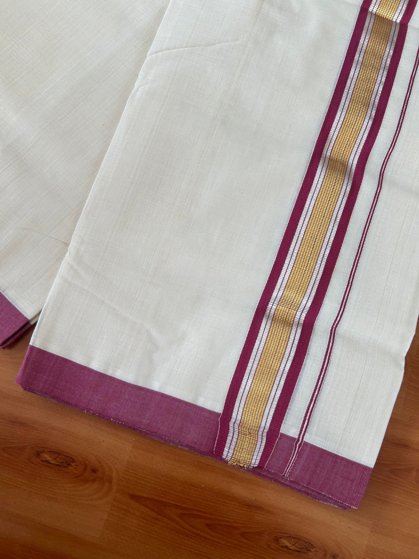 25% Discount! KaithariKada Handloom Millpaav - Kerala Handloom - Cotton Double Mundu/Dhoti Off white (Unbleached) - 80x90 - 1.75 inch Gold & Silver Kasav Dusty Maroon Stripes Kara 4.00 meter (8.5 Muzham) - 8 KK5386 RAM