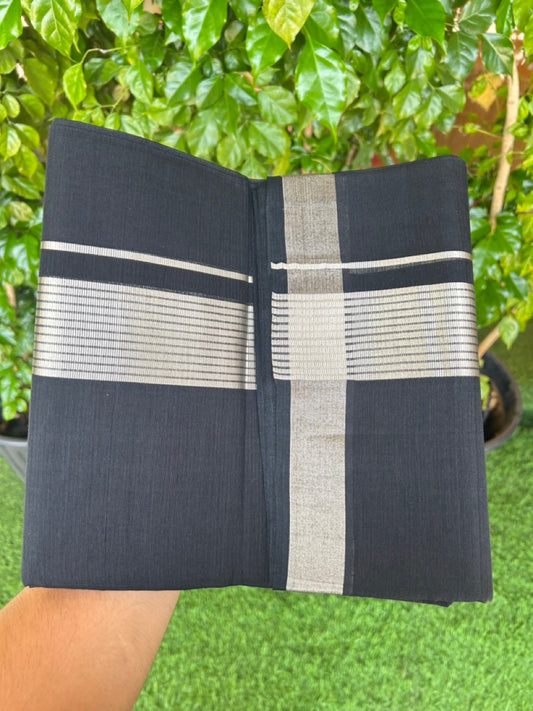 25% Discount! KaithariKada Handloom UNAKKUPAAV Balaramapuram - 100% Cotton Double Mundu/Dhoti - Black Colour Body - 2 inch Silver Kasavu Striped Design Kara- 9KK5206ABH