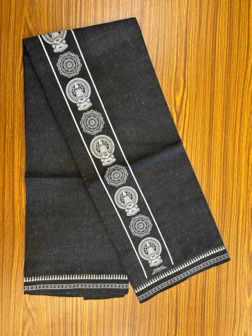 Kaitharikada - Polyster + Cotton - 20s twisted - Single Kaily / Lungi - 2.75 inch White Kadhakali Printed Kuppadam Border with Ash Black colour body (2 meter / 4 muzham) -  64 KK8035 GAN