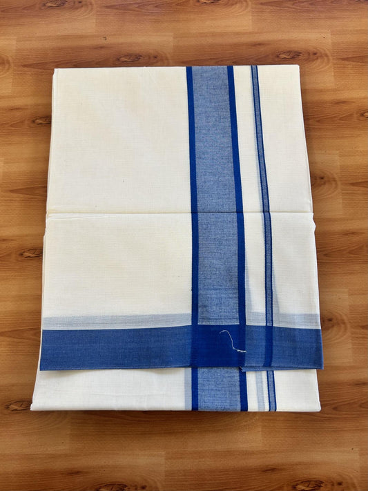 Double Off White Mundu/Dhoti- 20% Discount! KaithariKada 100% Cotton - 100X80 - 1.75 inch Peacock Blue Shaded Kara 4 mtr (8.5 muzham) - 8 KK5463 PMC
