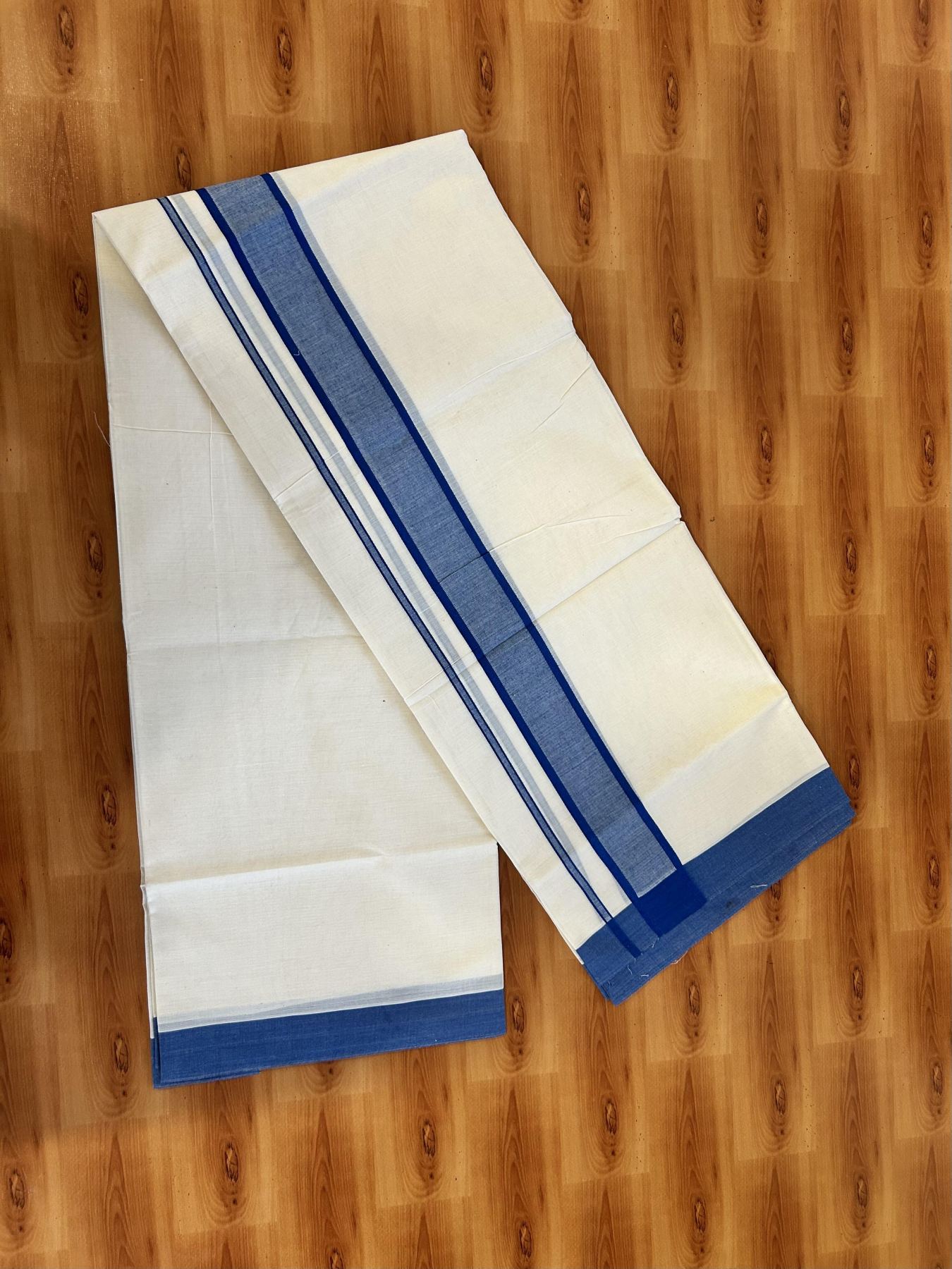 Double Off White Mundu/Dhoti- 20% Discount! KaithariKada 100% Cotton - 100X80 - 1.75 inch Peacock Blue Shaded Kara 4 mtr (8.5 muzham) - 8 KK5463 PMC