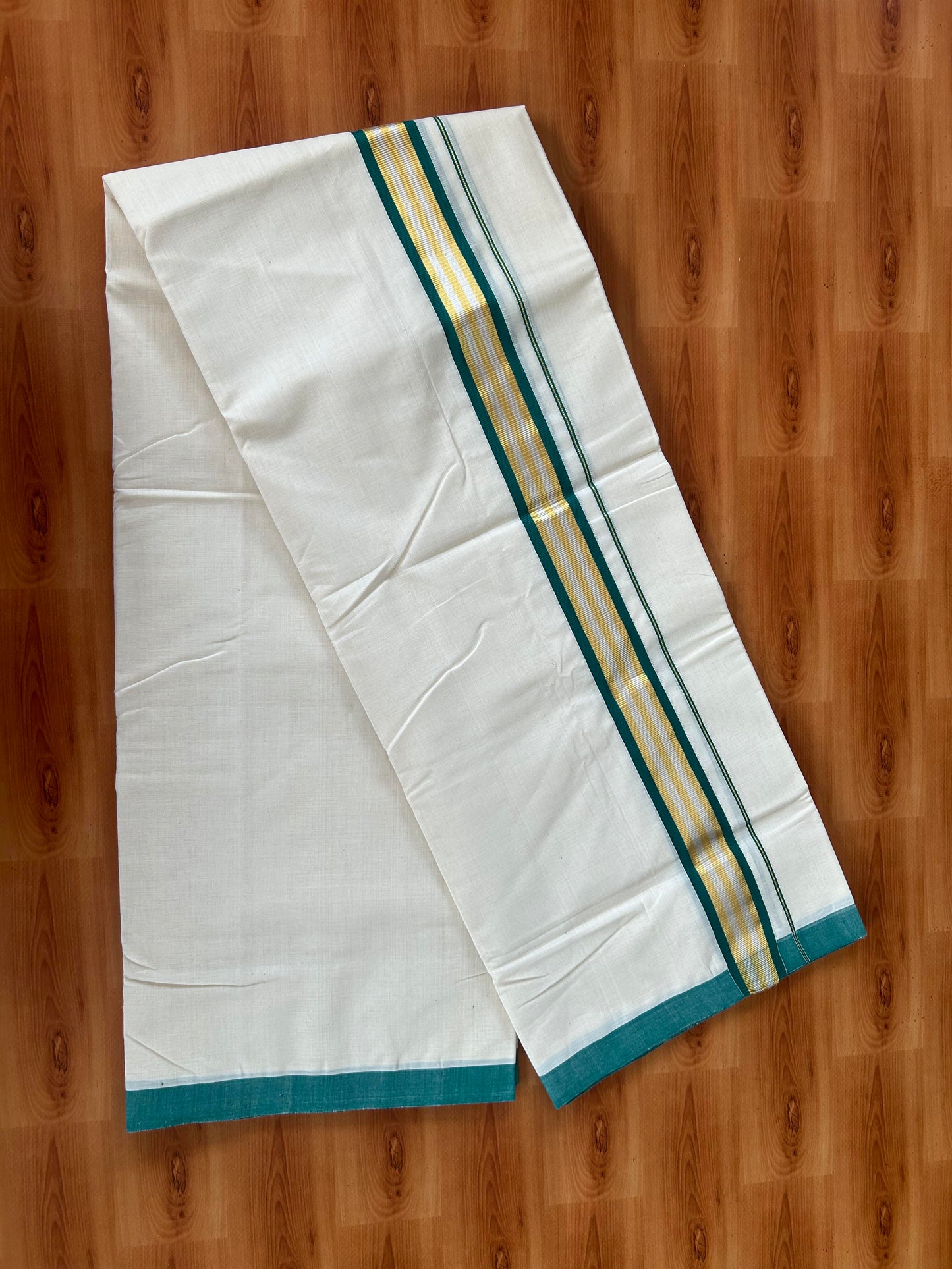 25% Discount! KaithariKada Handloom Millpaav - Kerala Handloom - Cotton Double Mundu/Dhoti Off white (Unbleached) - 80x90 - 1.75 inch Gold & Silver Kasav Peacock Green Stripes Kara 4.00 meter (8.5 Muzham) - 6 KK5386 RAM