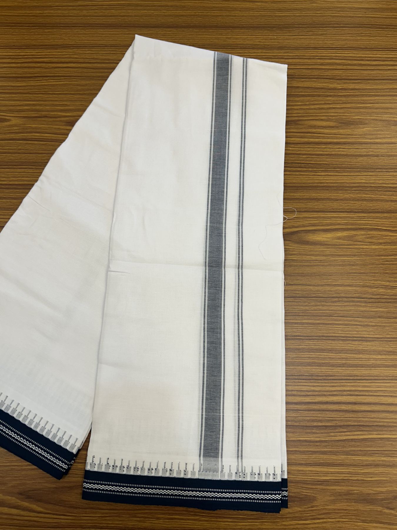 Premium Kathar Type Mercerised Pure Cotton Single Mundu Kaitharikada Special - Kaily / Lungi - 60s - 1 inch Peacock Green Striped kara White Body Kuppadam Border (2 meter / 4 muzham) - 6 KK5316 MR