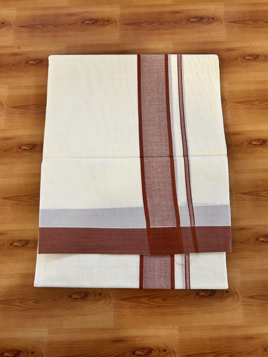 Double Off White Mundu/Dhoti- 20% Discount! KaithariKada 100% Cotton - 100X80 - 1.75 inch Brick Orange Shaded Kara 4 mtr (8.5 muzham) - 9 KK5463 PMC