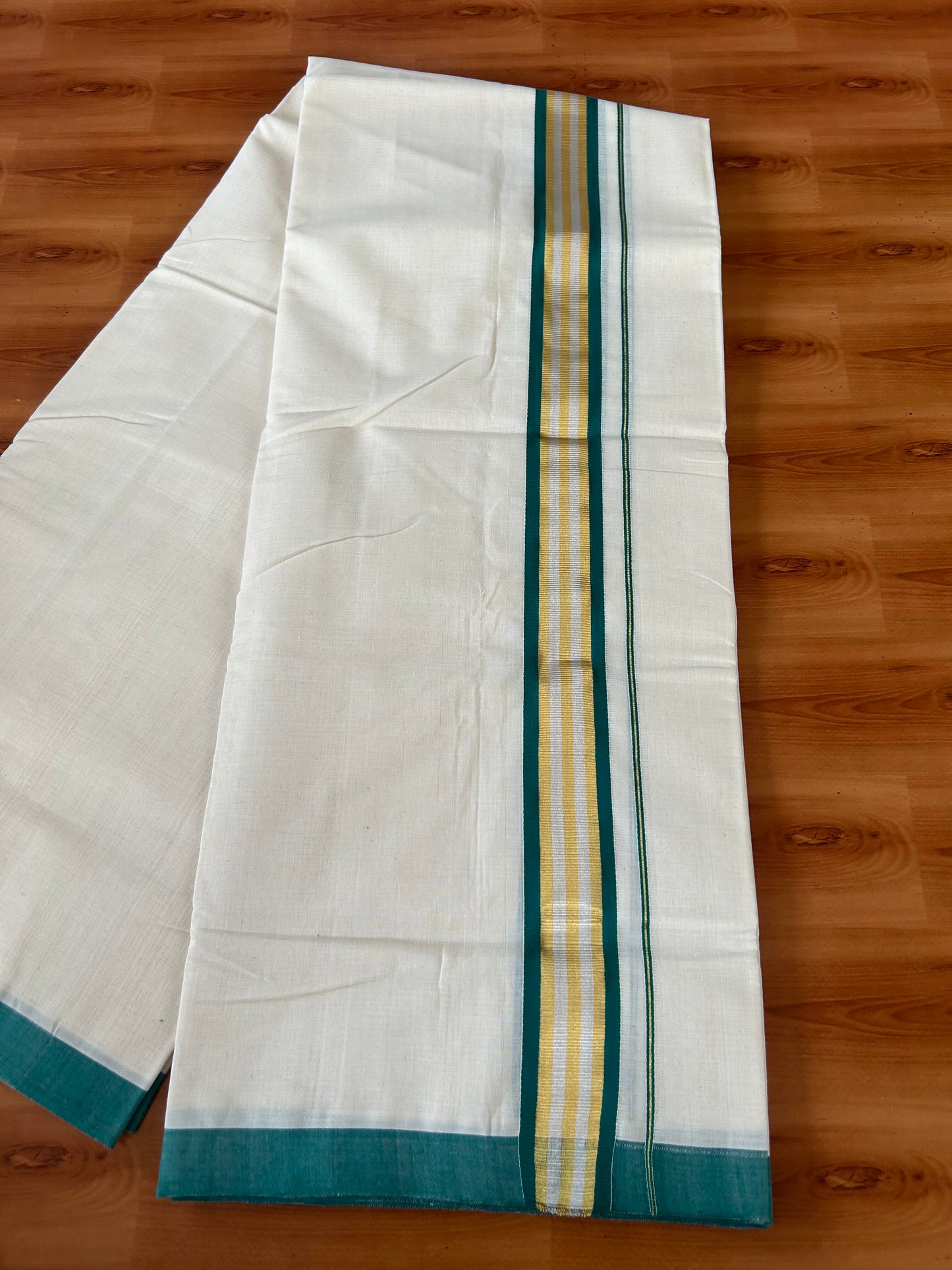 25% Discount! KaithariKada Handloom Millpaav - Kerala Handloom - Cotton Double Mundu/Dhoti Off white (Unbleached) - 80x90 - 1.75 inch Gold & Silver Kasav Peacock Green Stripes Kara 4.00 meter (8.5 Muzham) - 6 KK5386 RAM
