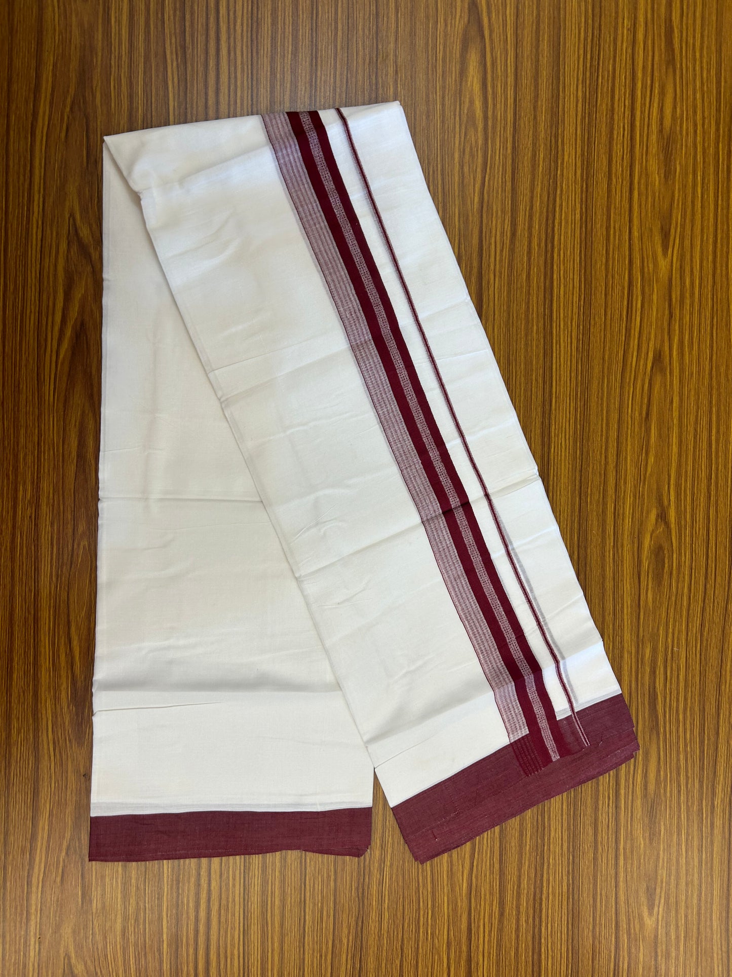 20% Discount ! Kaitharikada Balaramapuram 100% Cotton Pure White Double Mundu/Dothi - 100x80 - 2 inch Maroon Shaded Stripes Kara 3.90 m (8 muzham) - 74 KK5371 MC