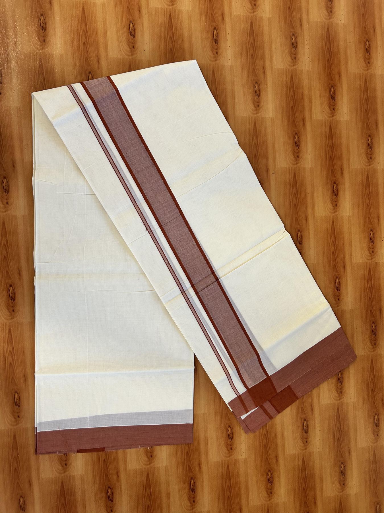Double Off White Mundu/Dhoti- 20% Discount! KaithariKada 100% Cotton - 100X80 - 1.75 inch Brick Orange Shaded Kara 4 mtr (8.5 muzham) - 9 KK5463 PMC