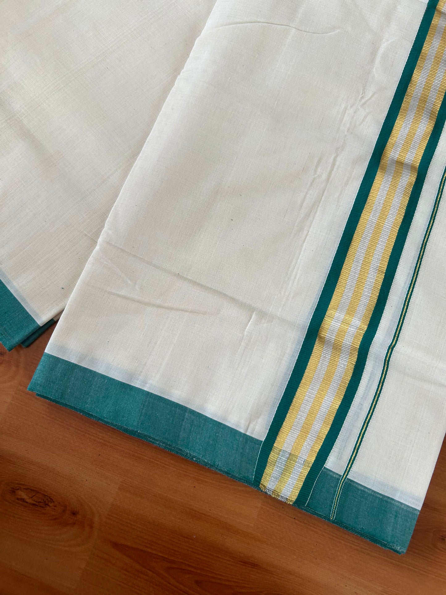 25% Discount! KaithariKada Handloom Millpaav - Kerala Handloom - Cotton Double Mundu/Dhoti Off white (Unbleached) - 80x90 - 1.75 inch Gold & Silver Kasav Peacock Green Stripes Kara 4.00 meter (8.5 Muzham) - 6 KK5386 RAM