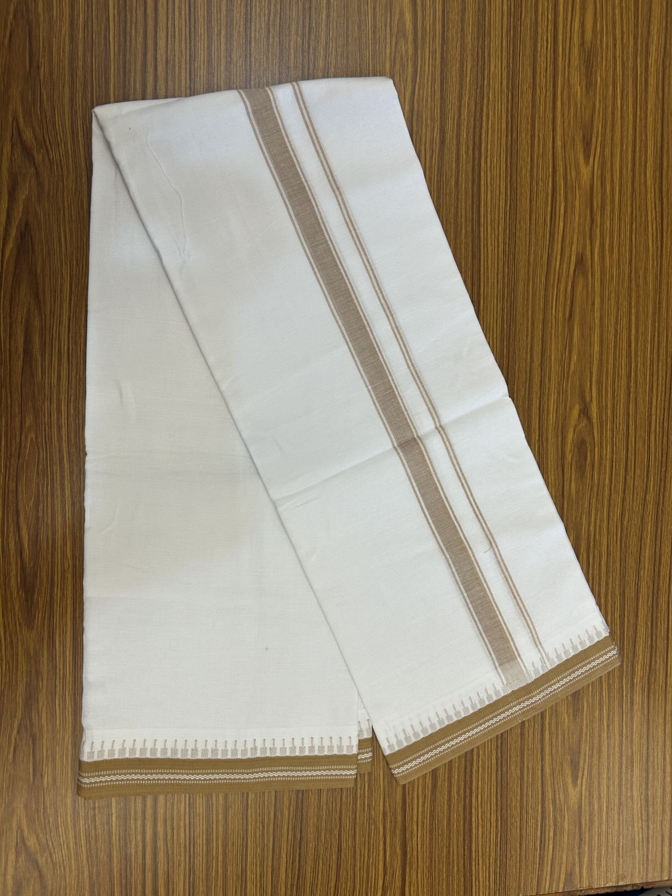 Premium Kathar Type Mercerised Pure Cotton Single Mundu Kaitharikada Special - Kaily / Lungi - 60s - 1 inch Sand Brown Striped kara White Body Kuppadam Border (2 meter / 4 muzham) - 4 KK5316 MR