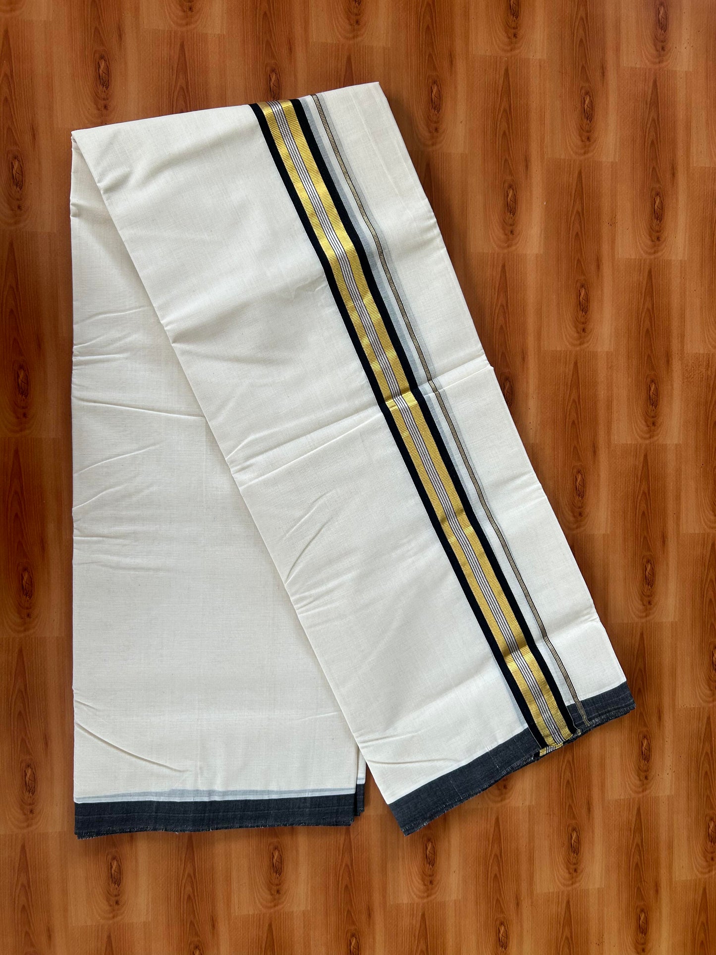 25% Discount! KaithariKada Handloom Millpaav - Kerala Handloom - Cotton Double Mundu/Dhoti Off white (Unbleached) - 80x90 - 1.75 inch Gold & Silver Kasav Black Stripes Kara 4.00 meter (8.5 Muzham) - 11 KK5386 RAM