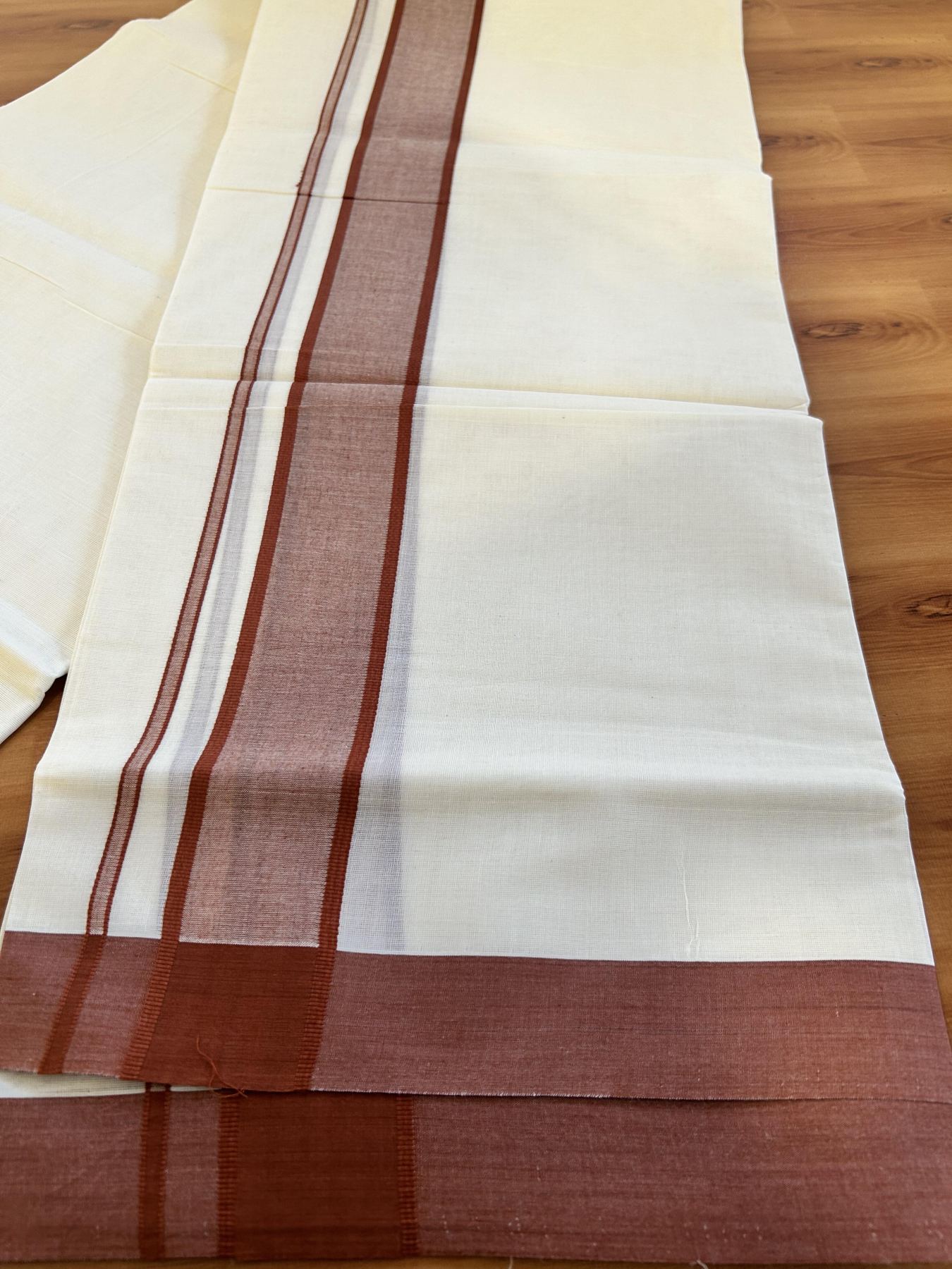 Double Off White Mundu/Dhoti- 20% Discount! KaithariKada 100% Cotton - 100X80 - 1.75 inch Brick Orange Shaded Kara 4 mtr (8.5 muzham) - 9 KK5463 PMC