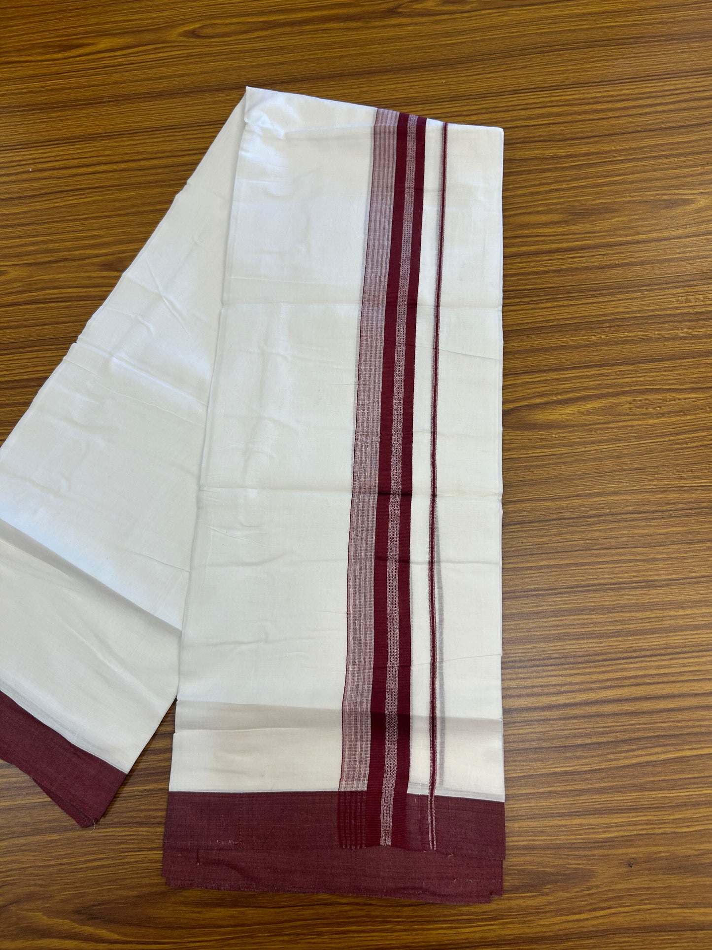 20% Discount ! Kaitharikada Balaramapuram 100% Cotton Pure White Double Mundu/Dothi - 100x80 - 2 inch Maroon Shaded Stripes Kara 3.90 m (8 muzham) - 74 KK5371 MC