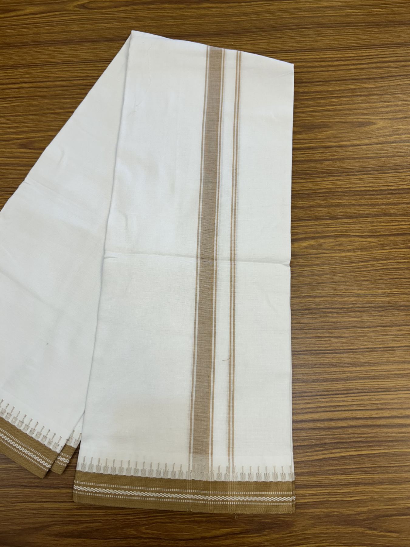Premium Kathar Type Mercerised Pure Cotton Single Mundu Kaitharikada Special - Kaily / Lungi - 60s - 1 inch Sand Brown Striped kara White Body Kuppadam Border (2 meter / 4 muzham) - 4 KK5316 MR