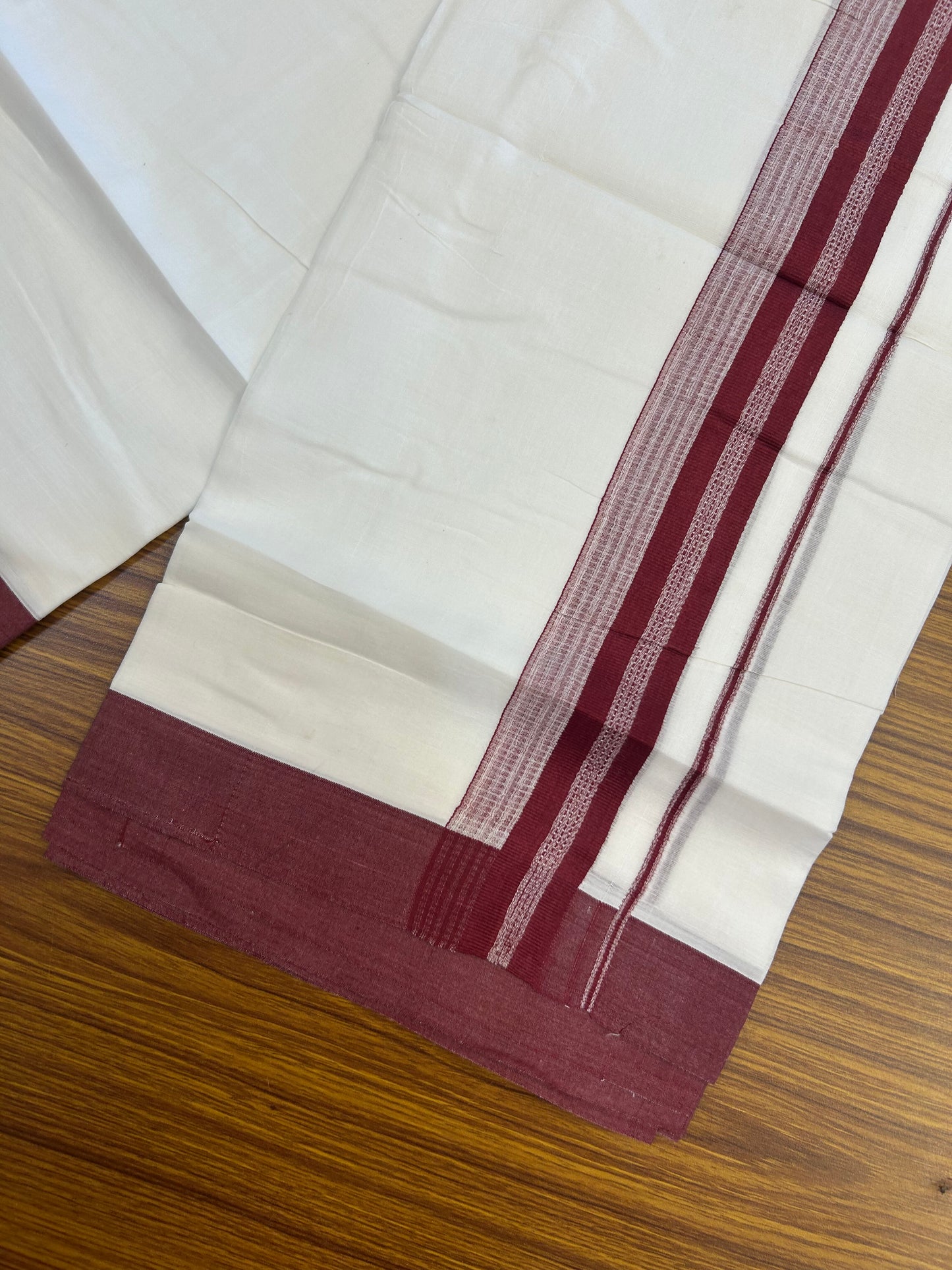 20% Discount ! Kaitharikada Balaramapuram 100% Cotton Pure White Double Mundu/Dothi - 100x80 - 2 inch Maroon Shaded Stripes Kara 3.90 m (8 muzham) - 74 KK5371 MC
