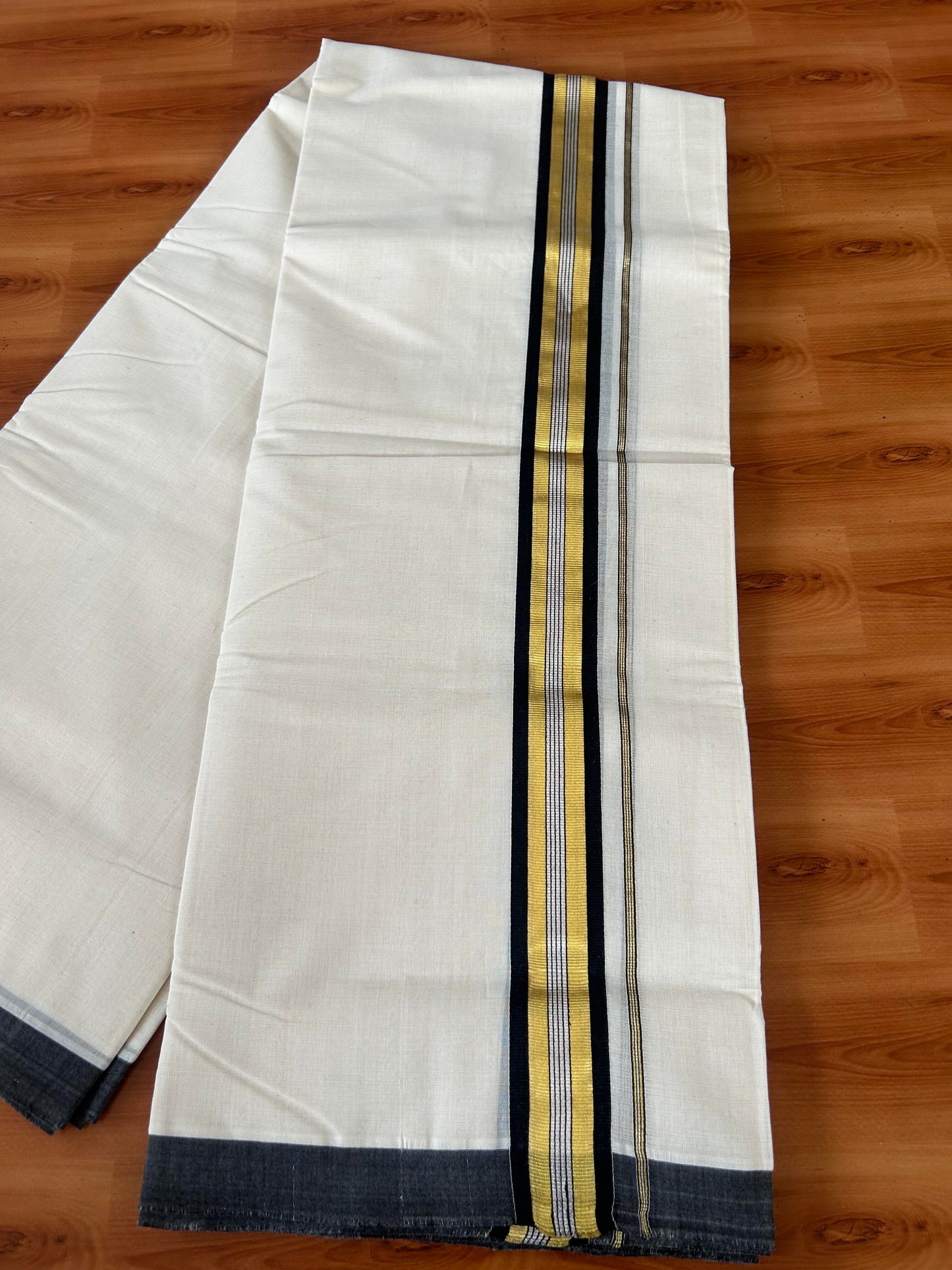 25% Discount! KaithariKada Handloom Millpaav - Kerala Handloom - Cotton Double Mundu/Dhoti Off white (Unbleached) - 80x90 - 1.75 inch Gold & Silver Kasav Black Stripes Kara 4.00 meter (8.5 Muzham) - 11 KK5386 RAM