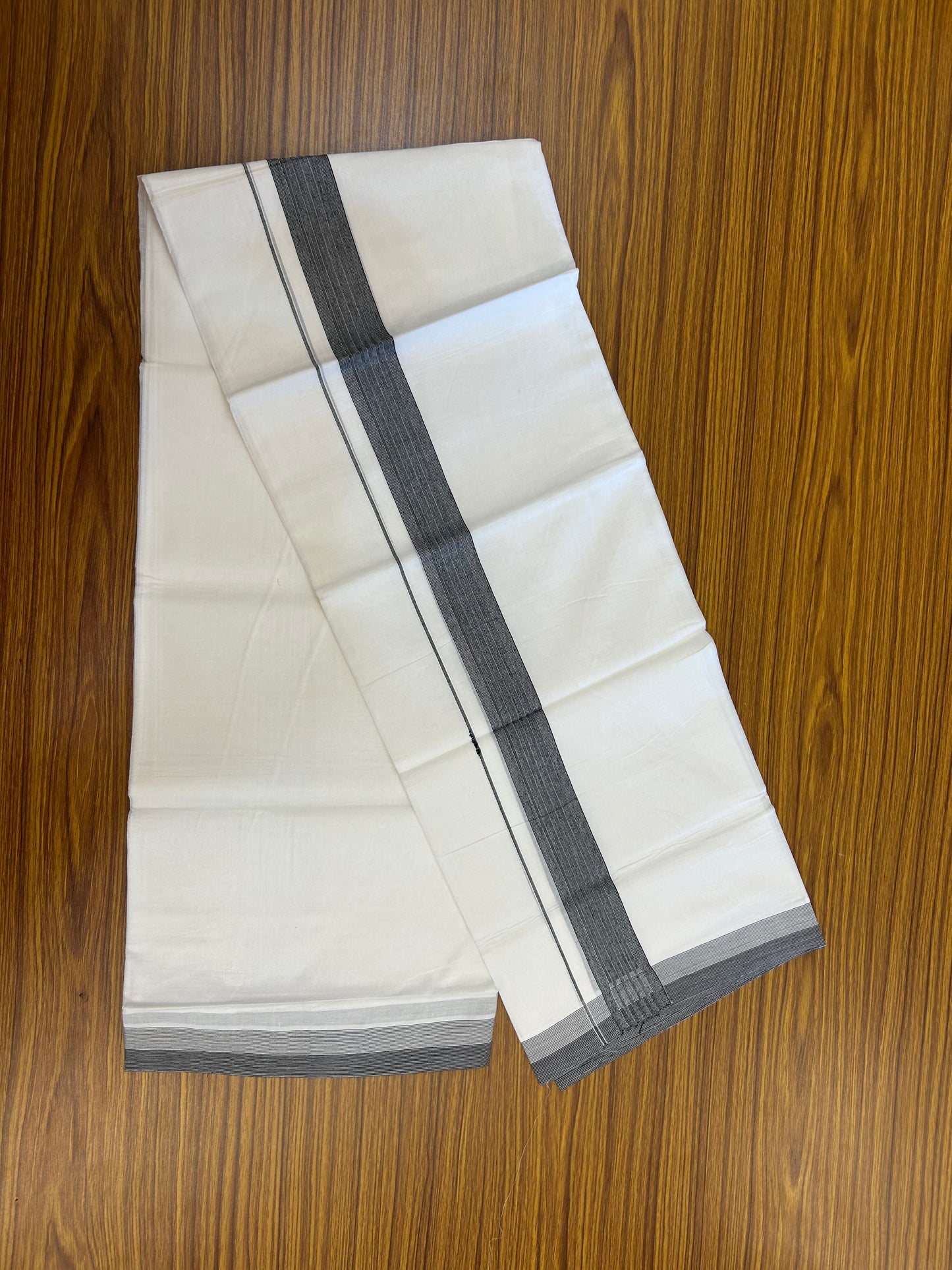 20% Discount ! Kaitharikada Balaramapuram 100% Cotton Pure White Double Mundu/Dothi - 100x100 - 1.5 inch Black Striped Kara -57 KK5371 GAN