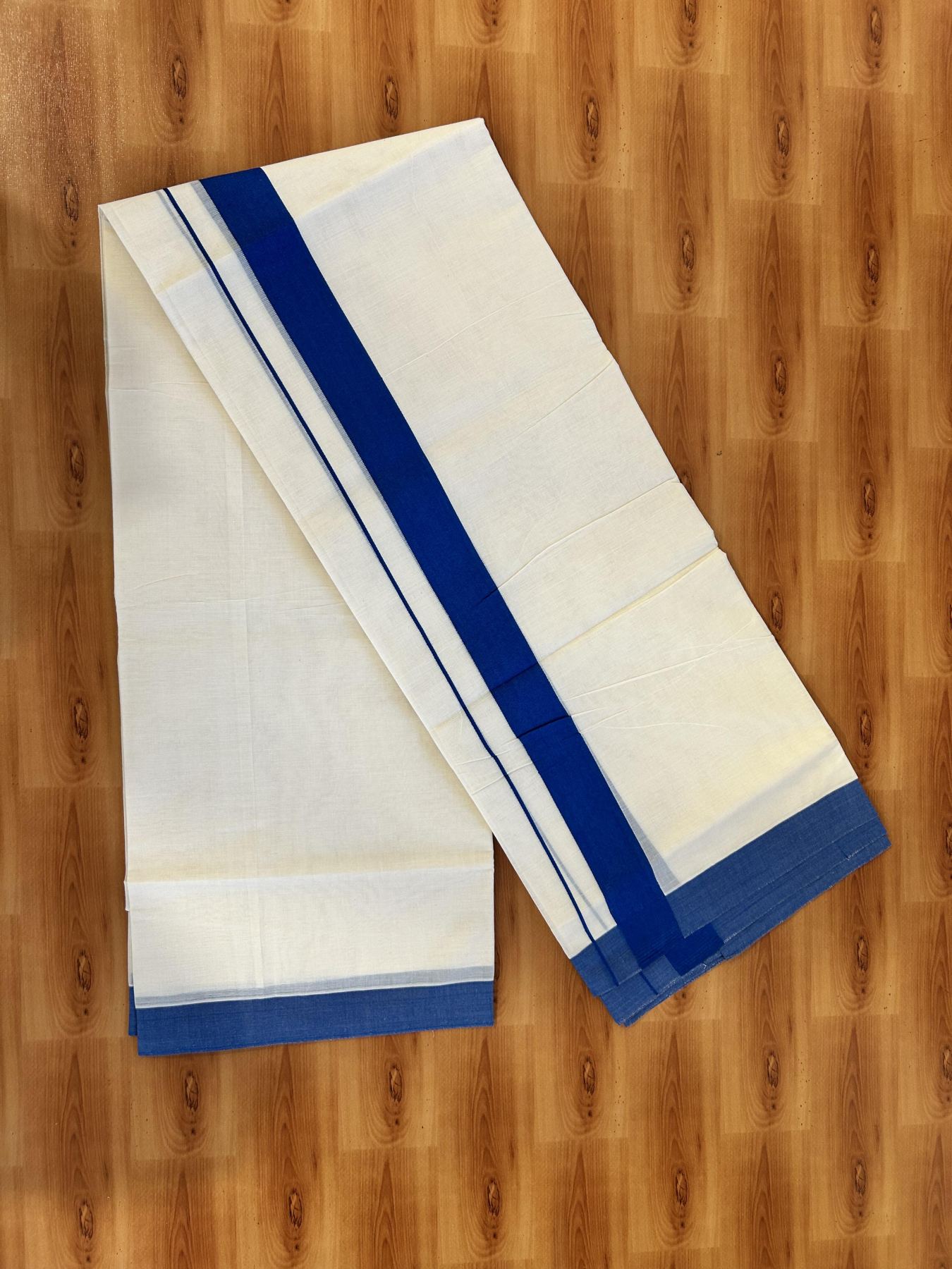 Double Off White Mundu/Dhoti- 20% Discount! KaithariKada 100% Cotton - 100X80 - 1.5 inch  Peacock Blue Kara 4 mtr (8.5 muzham) - 11 KK5463 PMC