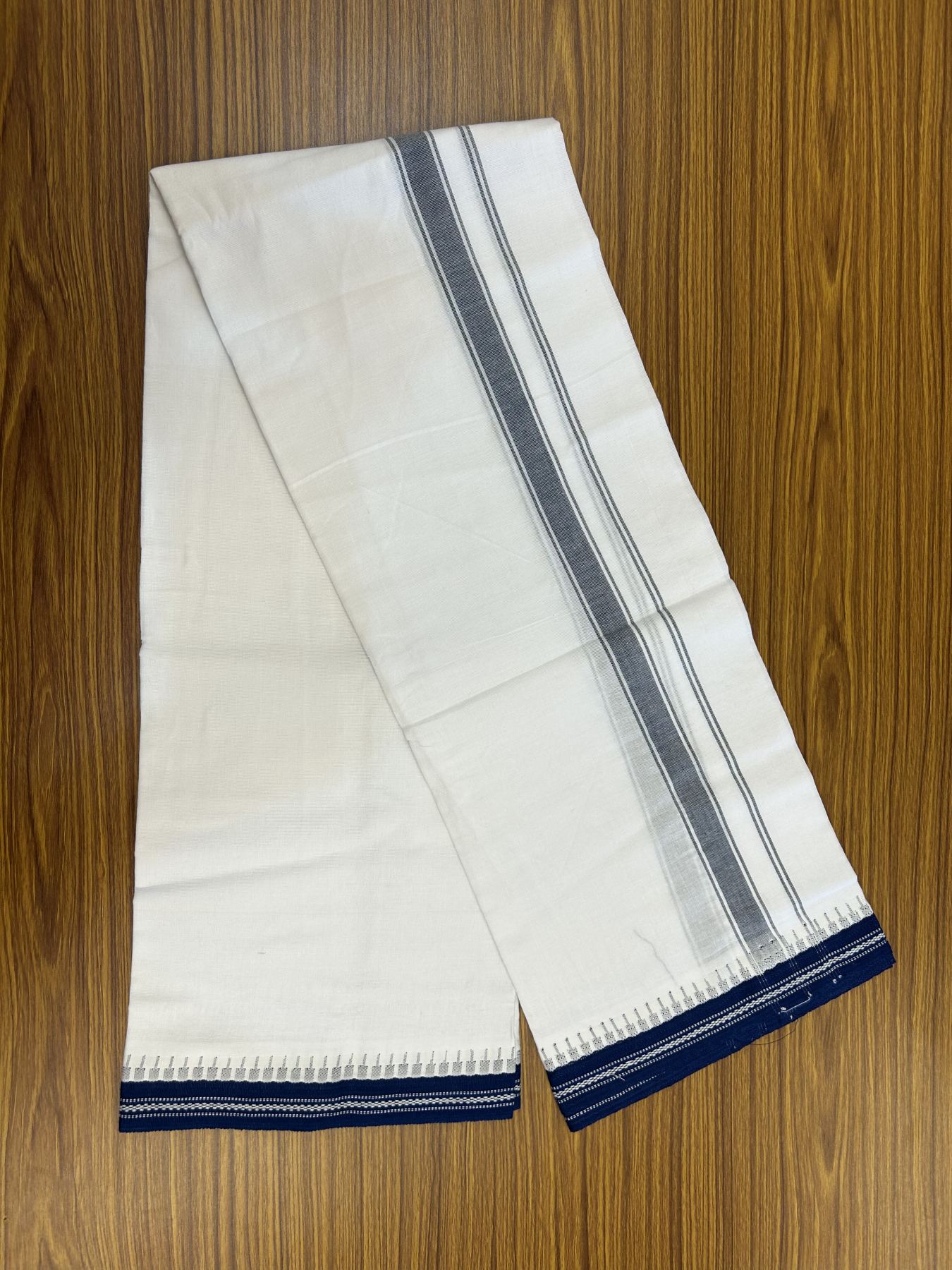 Premium Kathar Type Mercerised Pure Cotton Single Mundu Kaitharikada Special - Kaily / Lungi - 60s - 1 inch Dark Blue Striped kara White Body Kuppadam Border (2 meter / 4 muzham) - 5 KK5316 MR