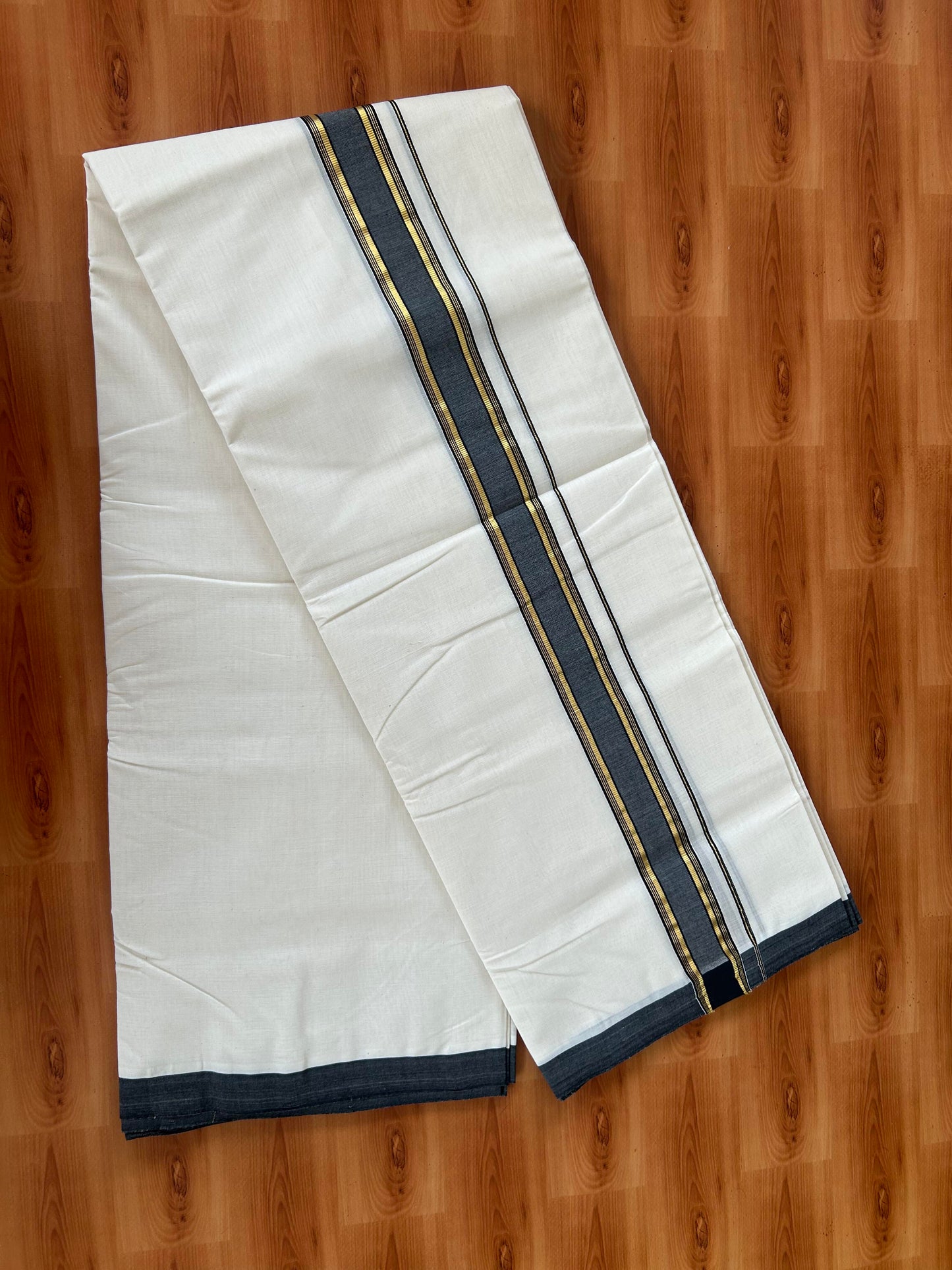25% Discount! KaithariKada Handloom Millpaav - Kerala Handloom - Cotton Double Mundu/Dhoti Off white (Unbleached) - 80x90 - 1.75 inch Gold Kasav Black Stripes Kara 4.00 meter (8.5 Muzham) - 17 KK5386 RAM