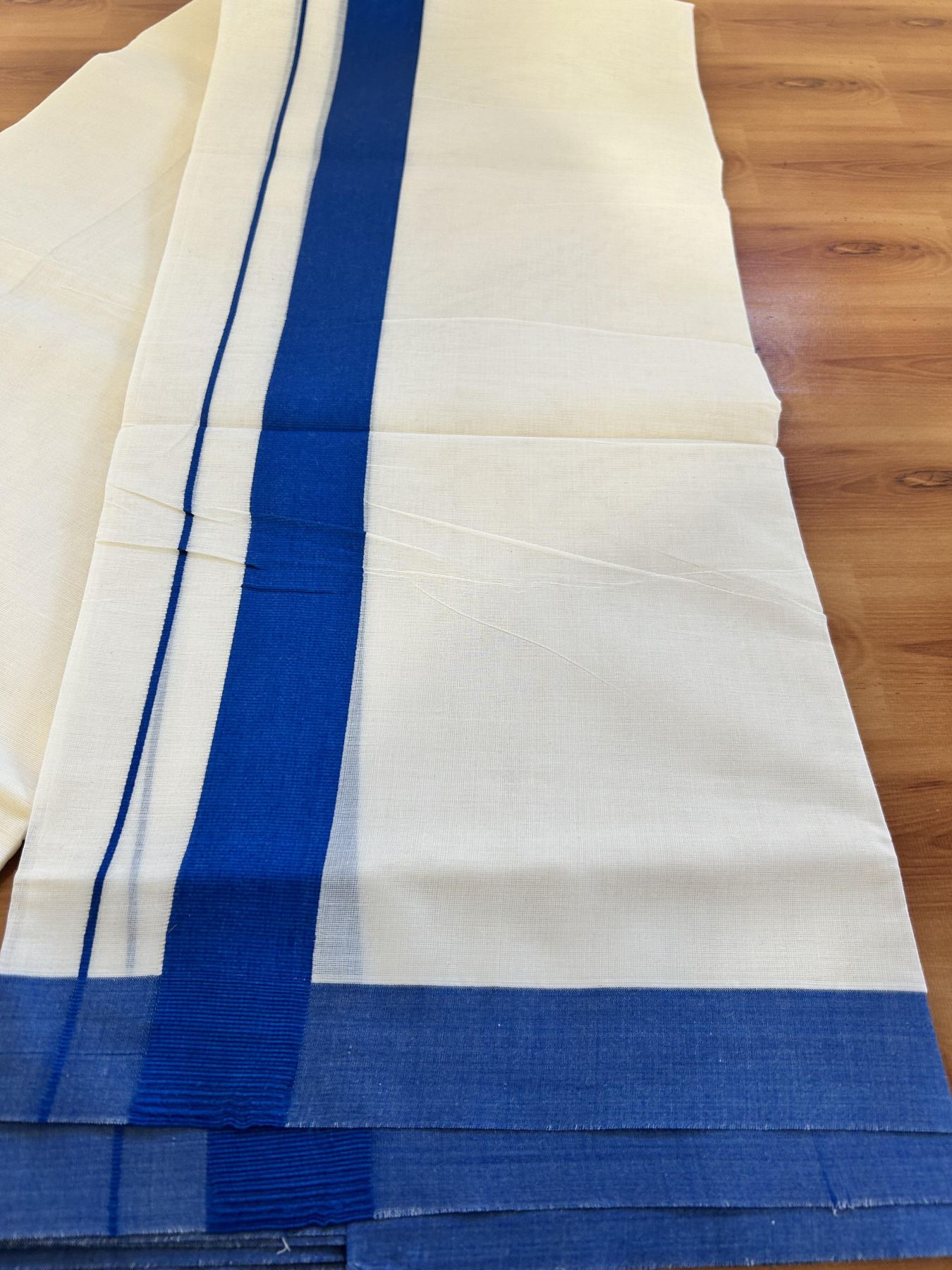 Double Off White Mundu/Dhoti- 20% Discount! KaithariKada 100% Cotton - 100X80 - 1.5 inch  Peacock Blue Kara 4 mtr (8.5 muzham) - 11 KK5463 PMC