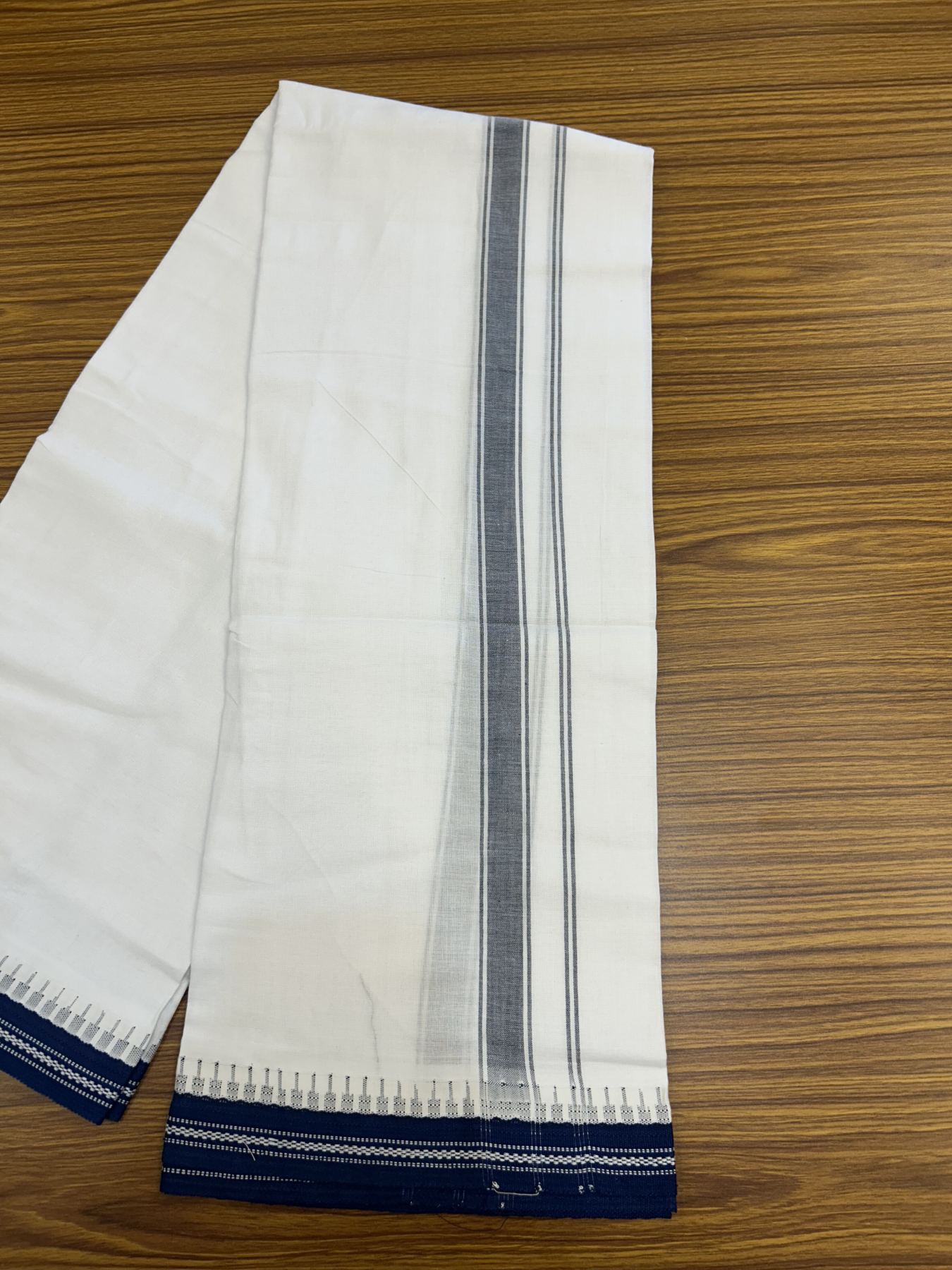 Premium Kathar Type Mercerised Pure Cotton Single Mundu Kaitharikada Special - Kaily / Lungi - 60s - 1 inch Dark Blue Striped kara White Body Kuppadam Border (2 meter / 4 muzham) - 5 KK5316 MR