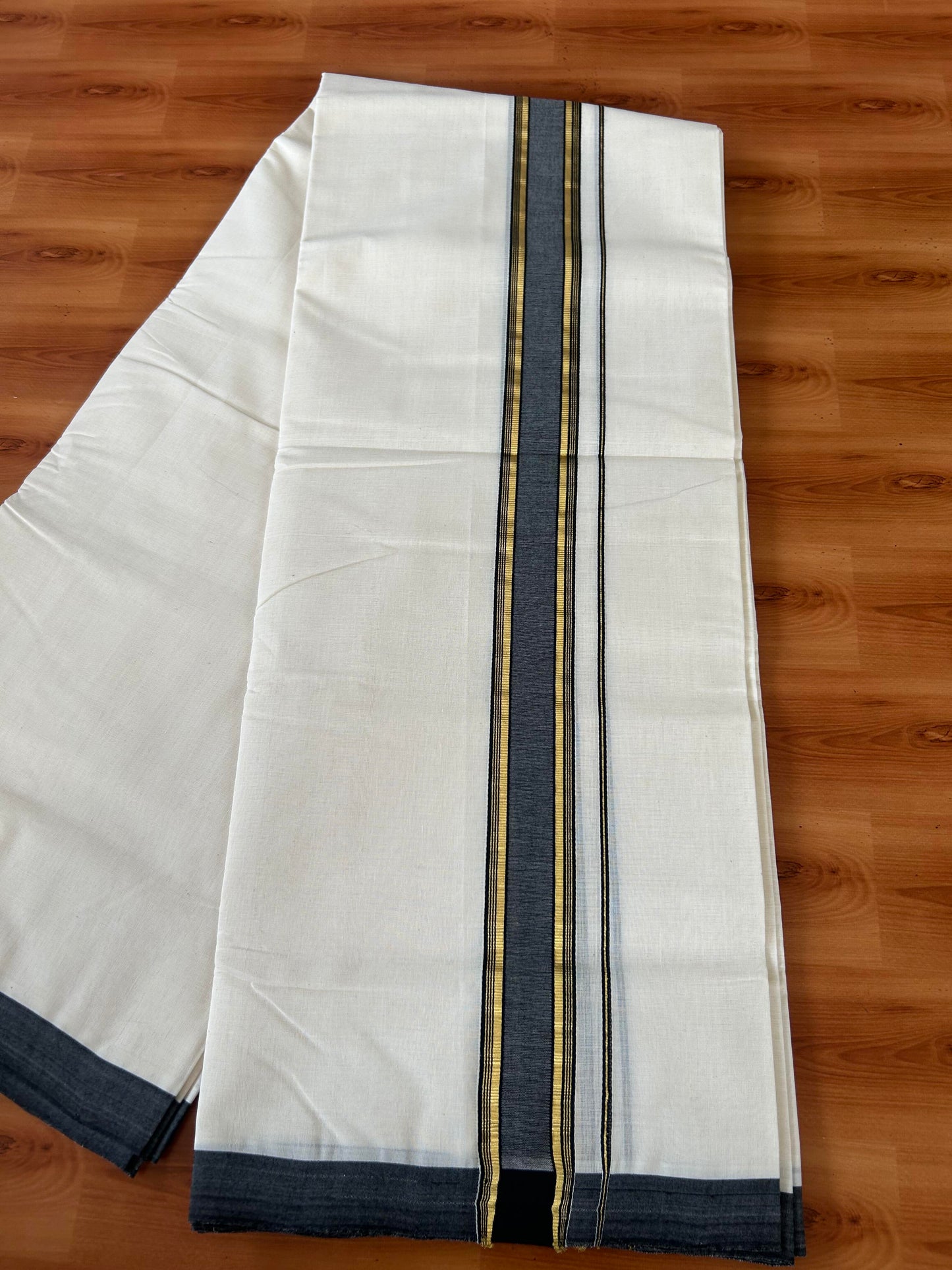25% Discount! KaithariKada Handloom Millpaav - Kerala Handloom - Cotton Double Mundu/Dhoti Off white (Unbleached) - 80x90 - 1.75 inch Gold Kasav Black Stripes Kara 4.00 meter (8.5 Muzham) - 17 KK5386 RAM