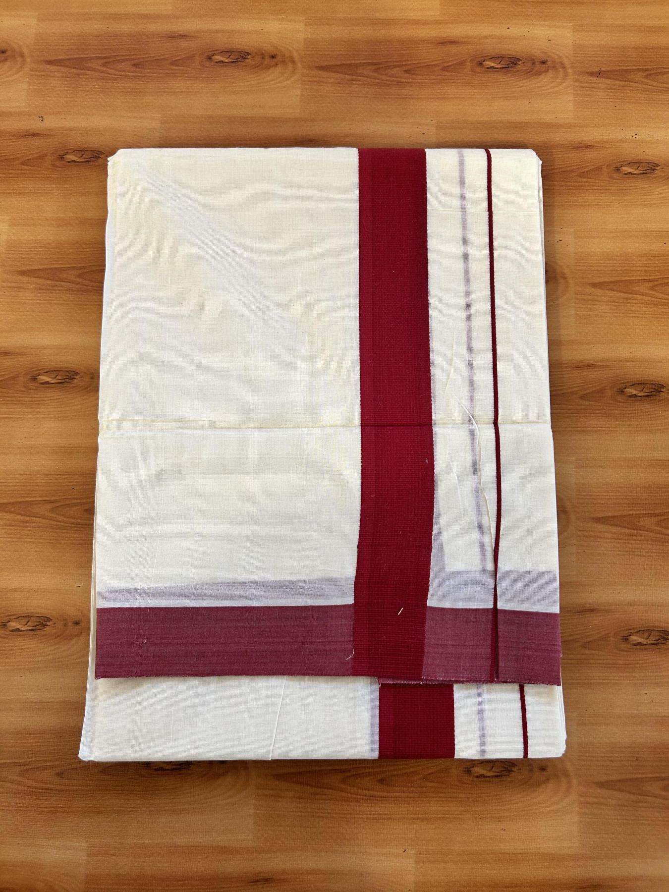 Double Off White Mundu/Dhoti- 20% Discount! KaithariKada 100% Cotton - 100X80 - 1.5 inch  Maroon Red Kara 4 mtr (8.5 muzham) - 10 KK5463 PMC