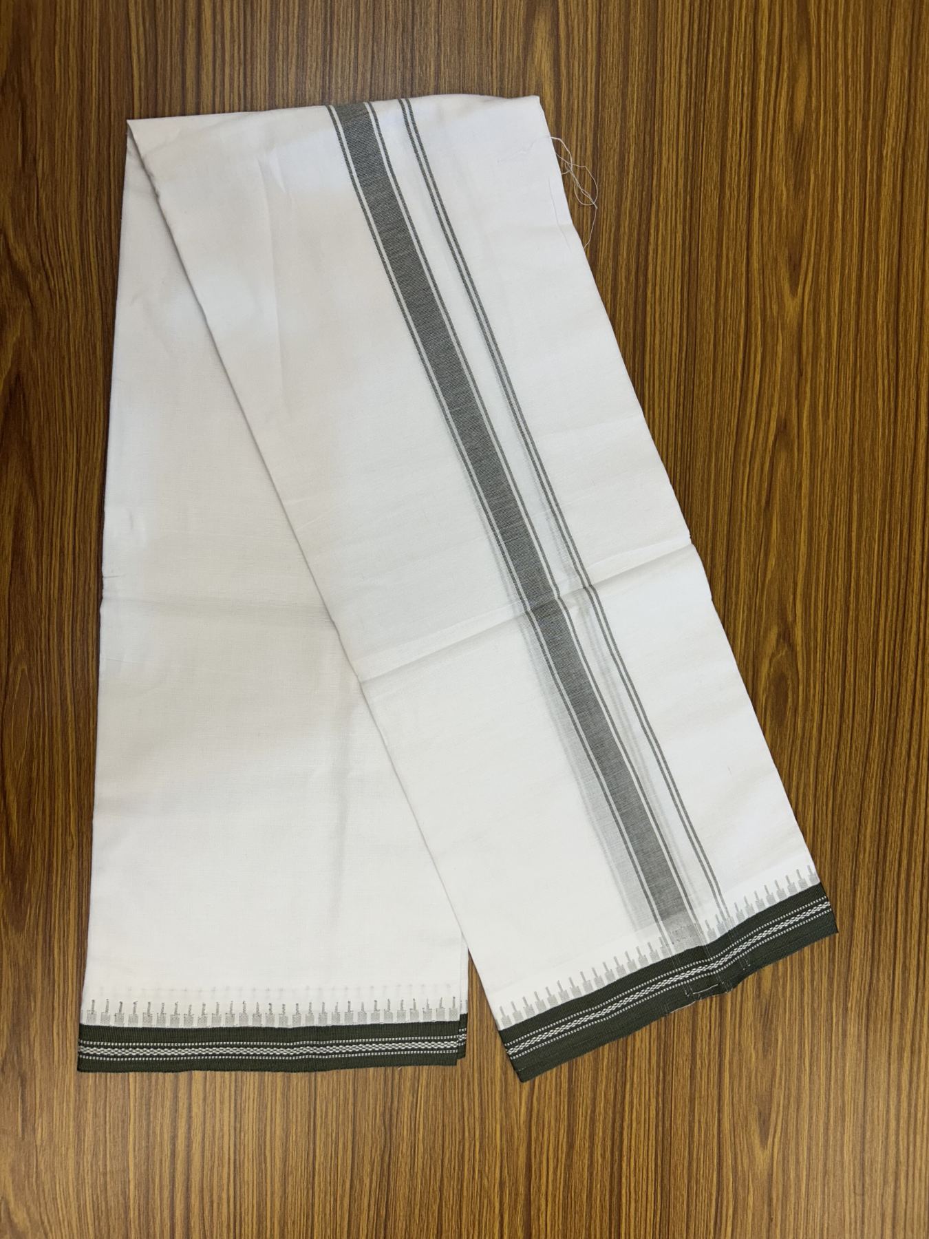 Premium Kathar Type Mercerised Pure Cotton Single Mundu Kaitharikada Special - Kaily / Lungi - 60s - 1 inch Grey Green Striped kara White Body Kuppadam Border (2 meter / 4 muzham) - 2 KK5316 MR