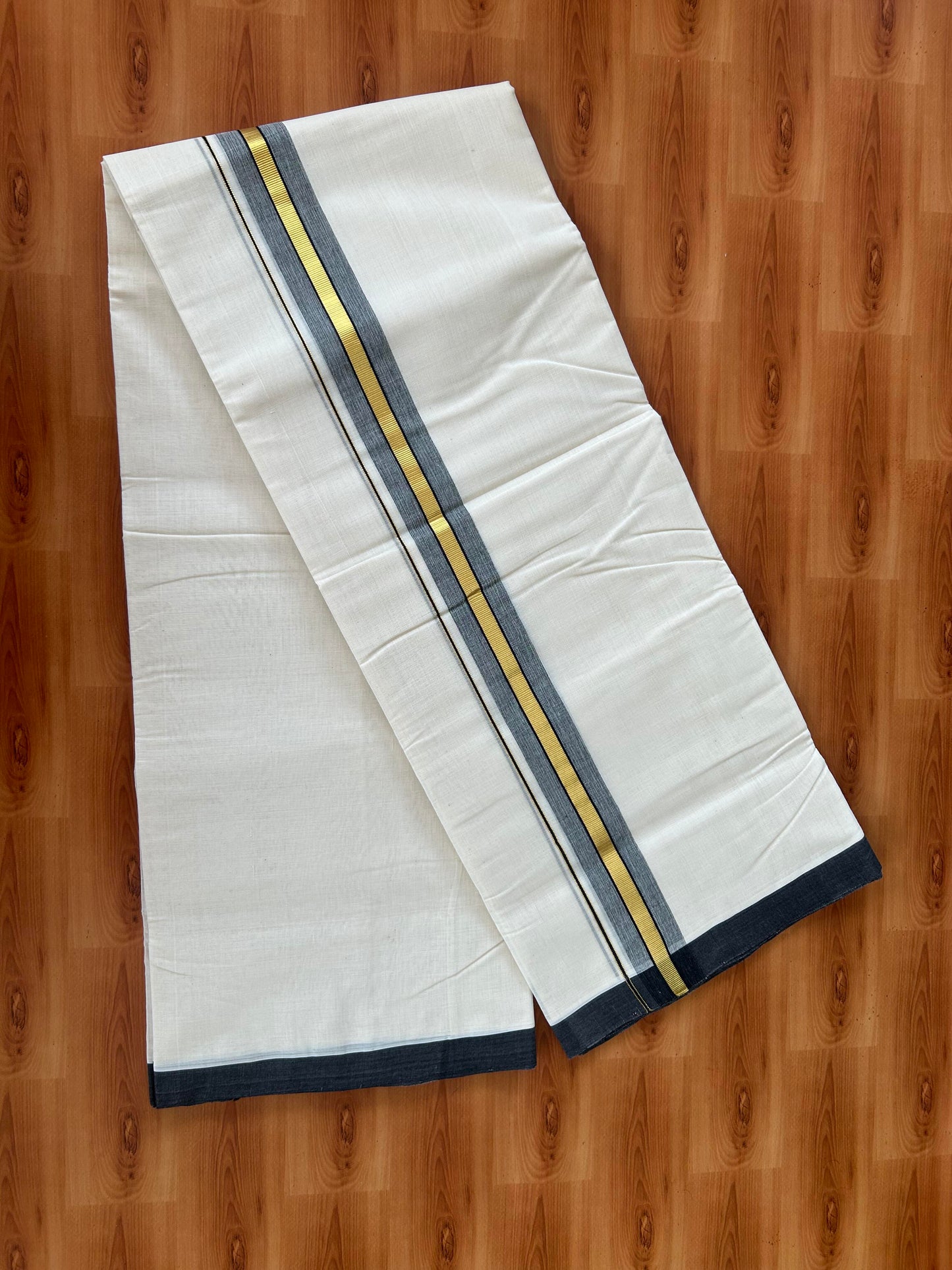 25% Discount! KaithariKada Handloom Millpaav - Kerala Handloom - Cotton Double Mundu/Dhoti Off white (Unbleached) - 80x90 - 1.75 inch Gold  Kasav Black Stripes Kara 4.00 meter (8.5 Muzham) - 2 KK5386 RAM