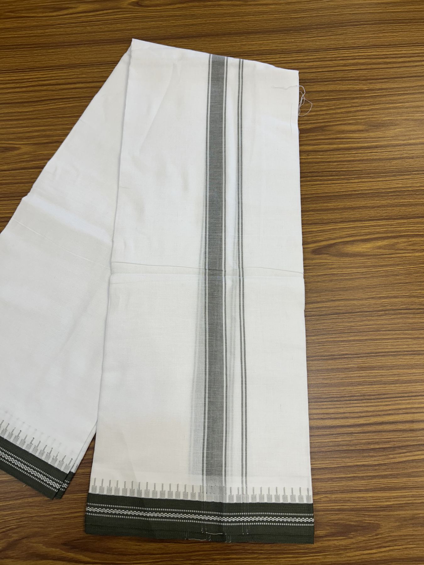 Premium Kathar Type Mercerised Pure Cotton Single Mundu Kaitharikada Special - Kaily / Lungi - 60s - 1 inch Grey Green Striped kara White Body Kuppadam Border (2 meter / 4 muzham) - 2 KK5316 MR