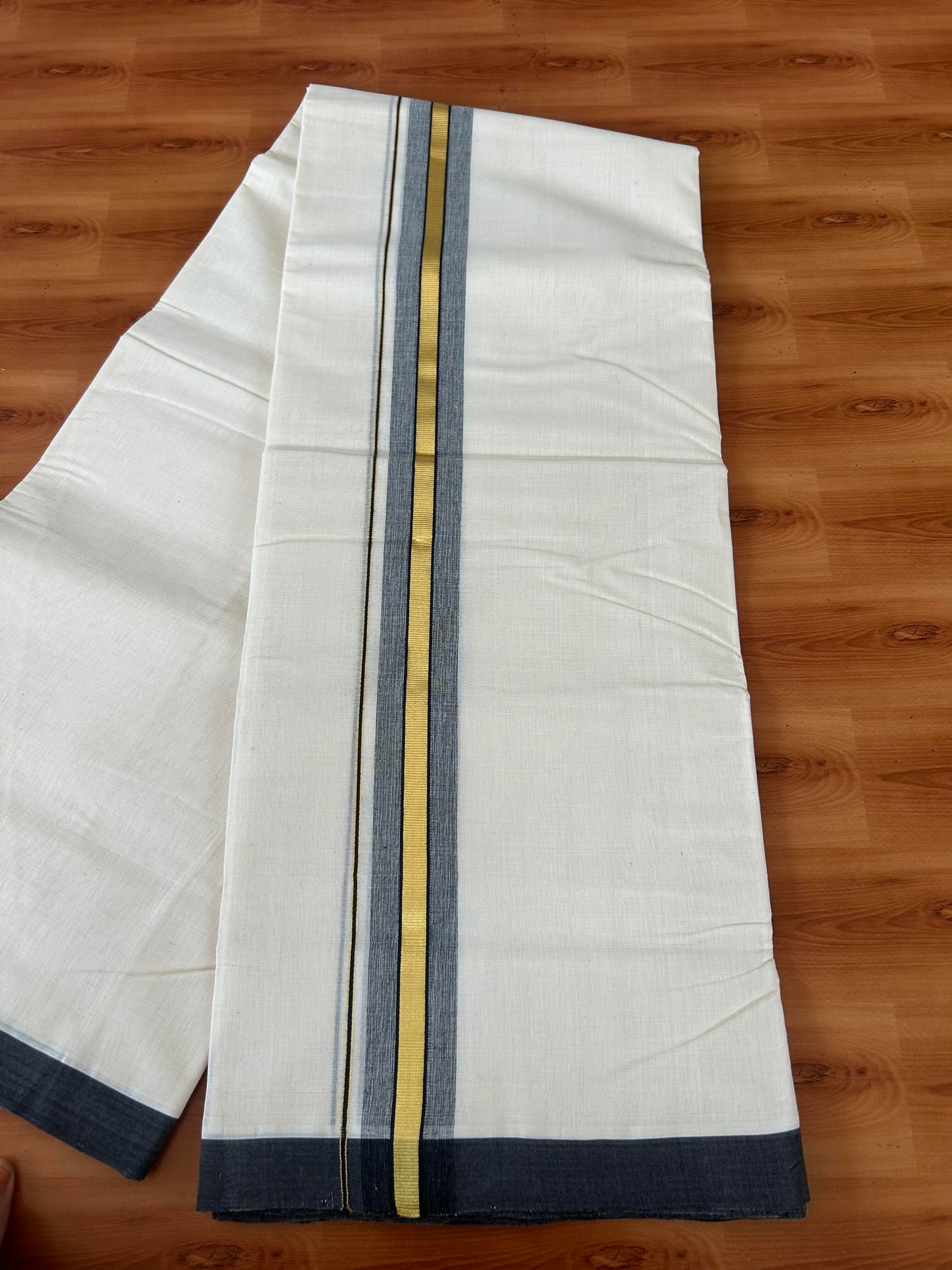 25% Discount! KaithariKada Handloom Millpaav - Kerala Handloom - Cotton Double Mundu/Dhoti Off white (Unbleached) - 80x90 - 1.75 inch Gold  Kasav Black Stripes Kara 4.00 meter (8.5 Muzham) - 2 KK5386 RAM