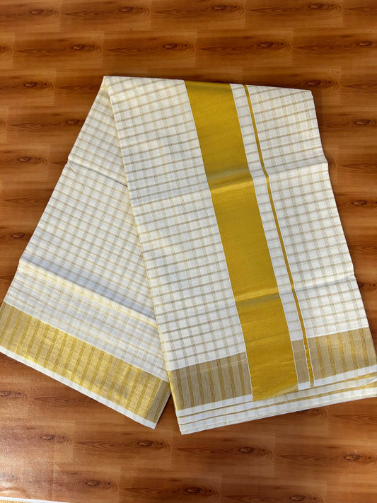 25% Discount! Kaitharikada Kerala Traditional Saree Off white- Mixed Cotton Kasav Saree - 3 Inch  Pallu - Gold Kasav Kara & Check Design Body - 49 KK7000 PMC