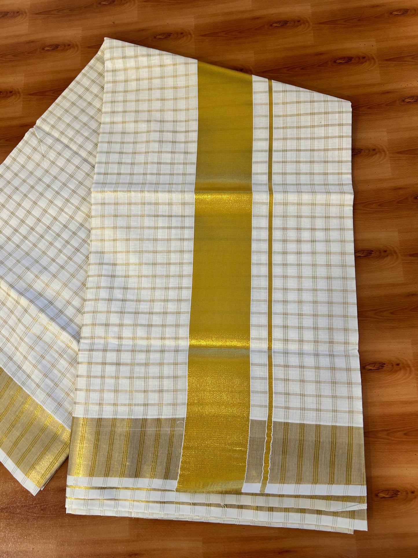 25% Discount! Kaitharikada Kerala Traditional Saree Off white- Mixed Cotton Kasav Saree - 3 Inch  Pallu - Gold Kasav Kara & Check Design Body - 49 KK7000 PMC