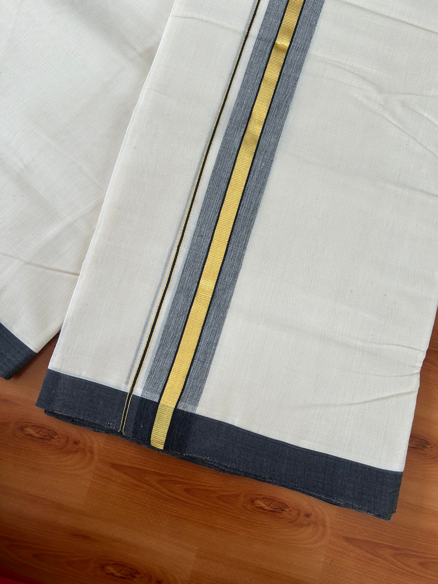 25% Discount! KaithariKada Handloom Millpaav - Kerala Handloom - Cotton Double Mundu/Dhoti Off white (Unbleached) - 80x90 - 1.75 inch Gold  Kasav Black Stripes Kara 4.00 meter (8.5 Muzham) - 2 KK5386 RAM
