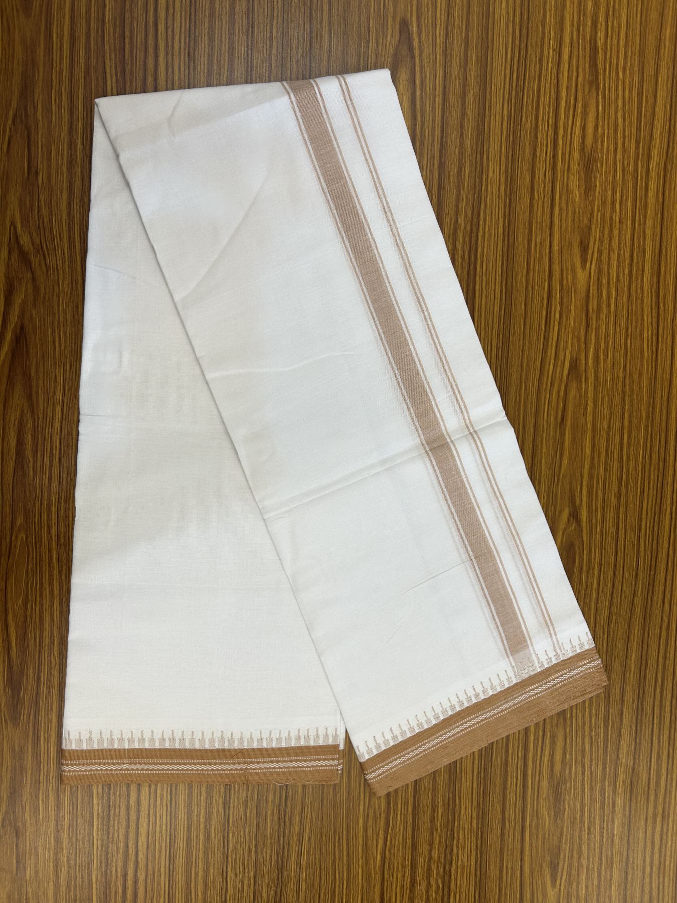 Premium Kathar Type Mercerised Pure Cotton Single Mundu Kaitharikada Special - Kaily / Lungi - 60s - 1 inch Peach Brown Striped kara White Body Kuppadam Border (2 meter / 4 muzham) - 8 KK5316 MR