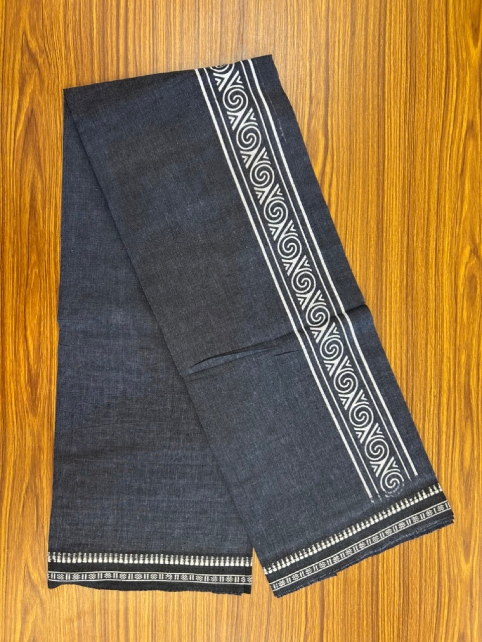 Kaitharikada - Single Kaily / Lungi - Polyster + Cotton - 20s twisted - 2.5 inch White Design printed kara with Ash Blue colour body - 115 KK8035 GAN
